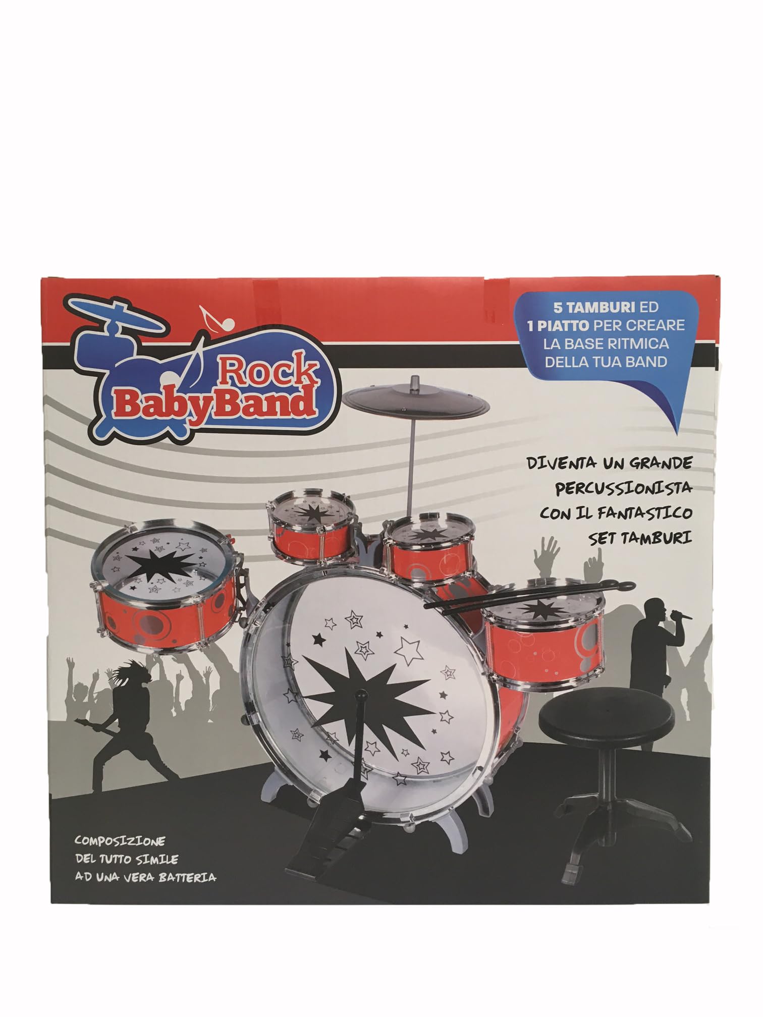 Batería musical para niños con taburete de batería para niños, instrumentos musicales con 5 tambores, 1 plato, 1 taburete, 2 baquetas, instrumento de percusión con silla de batería clásica
