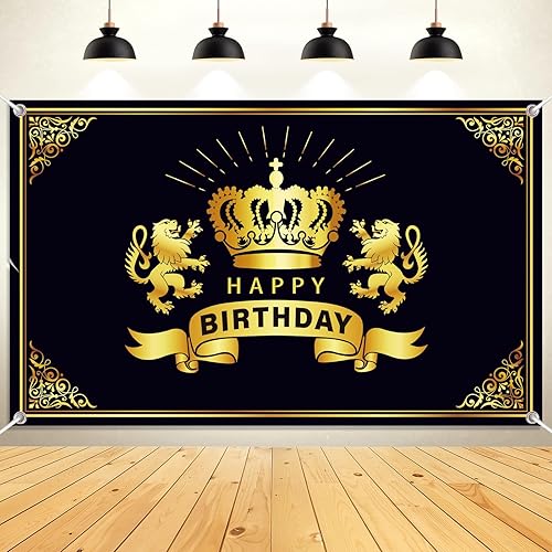 Fondo de corona de feliz cumpleaños, decoraciones de fiesta de cumpleaños negro y dorado, suministros de fiesta de rey león dorado, pancarta de disponible en Yaxa Costa Rica