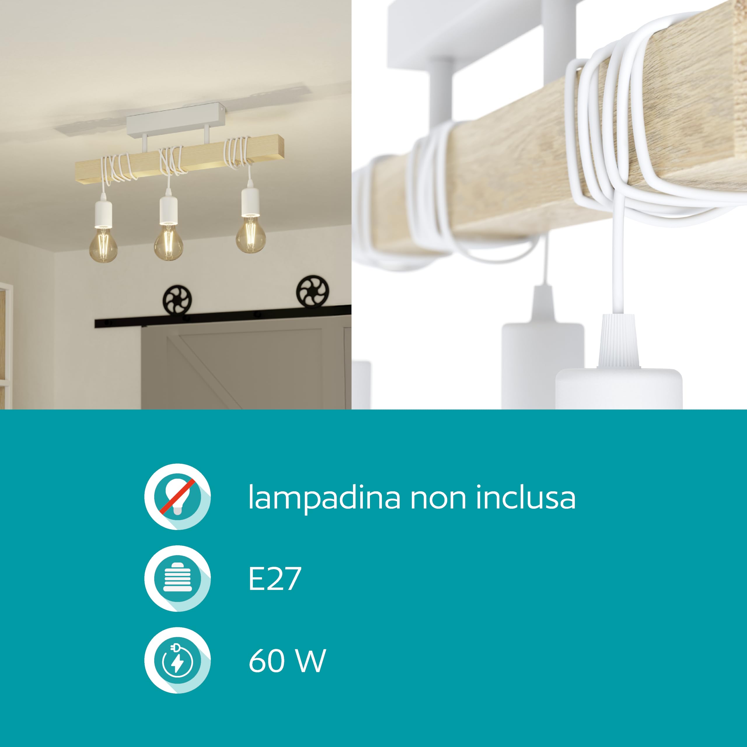 Eglo Plafoniera Townshend, plafoniera vintage a tre punti luce, plafoniera | dal design industrial, lampada a sospensione retrò in acciaio e legno, bianco, marrone, E27