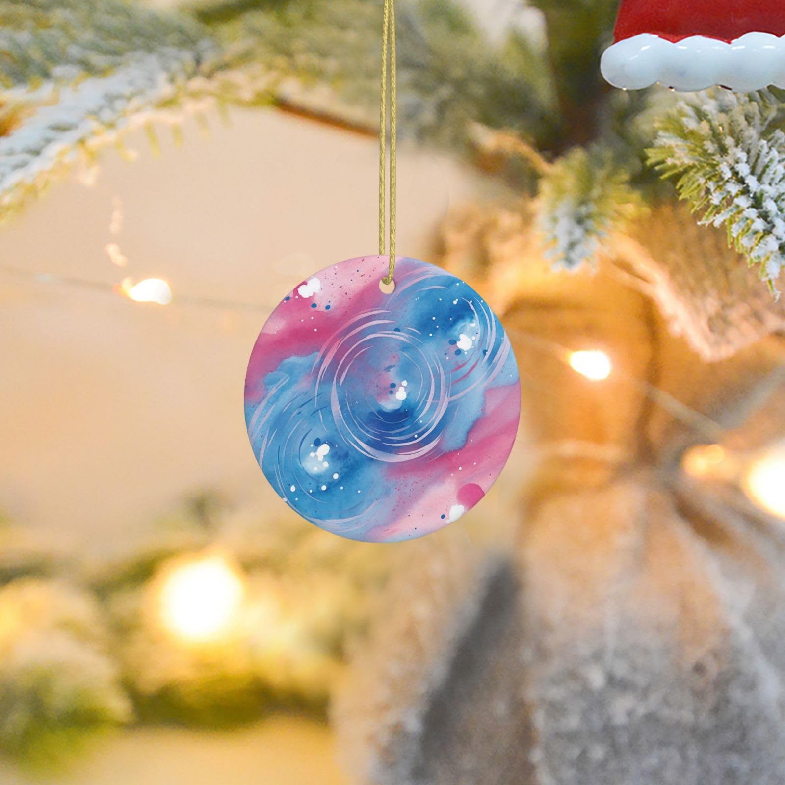Christmas Tree Ornaments Ceramics Christmas Round Decorations Blue Swirl Watercolor Ceramics Ornaments Circle Pentagram Xmas Tree Hanging Pendant for Christmas Tree Party Holiday Home Decor
