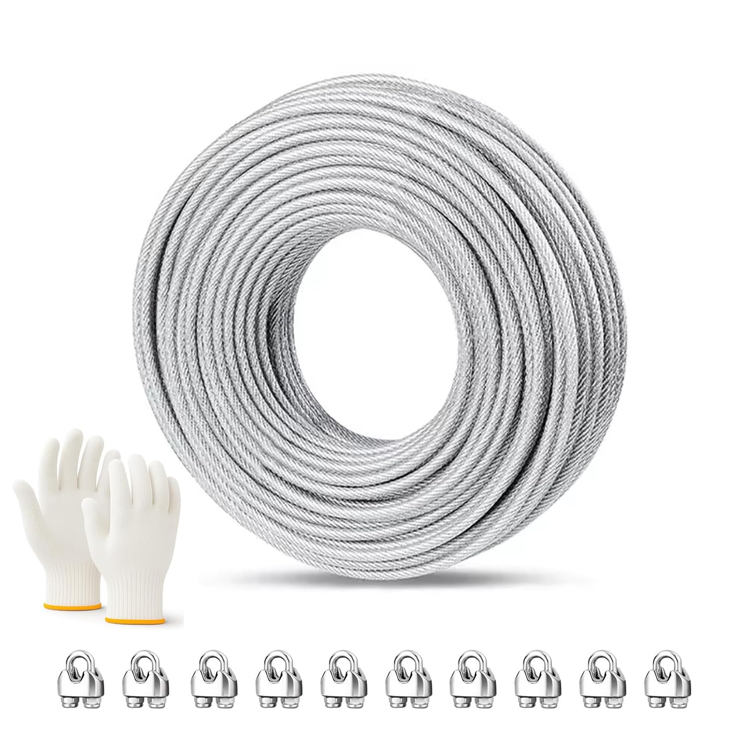 Cable Acier 6mm, 30M Câbles Métalliques, Cable Inox avec 20 Manchons de Sertissage, Âme de 7×19 Brins pour Fil de Clôtur,Fil a linge, Fil Inox pour Plantes Grimpantes, Suspension