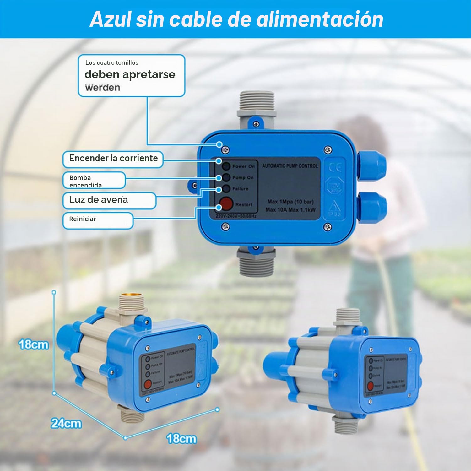 Control electrónico de la bomba 1100 W 4800 l/h - Presostato para agua - Controlador de presión de 10 bar - Interruptor de presión IP65 para bombas de agua - Supervisa el flujo de agua (1,5