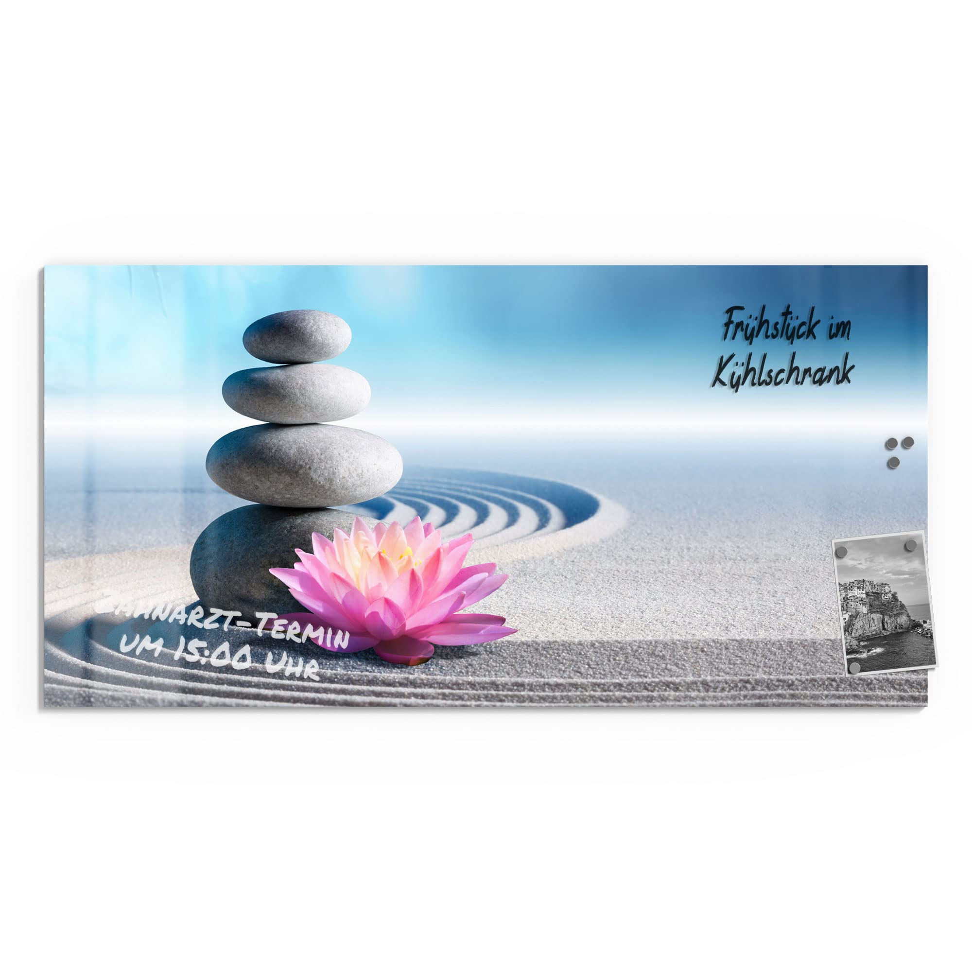 DEQORI Szklana tablica magnetyczna, wymiary 100 x 50 cm, motyw "Motyw ogrodu Zen", tablica memo ze szkła, tablica magnetyczna z magnesami, pisakiem i chusteczką do kuchni i biura, tablica magnetyczna i do pisania