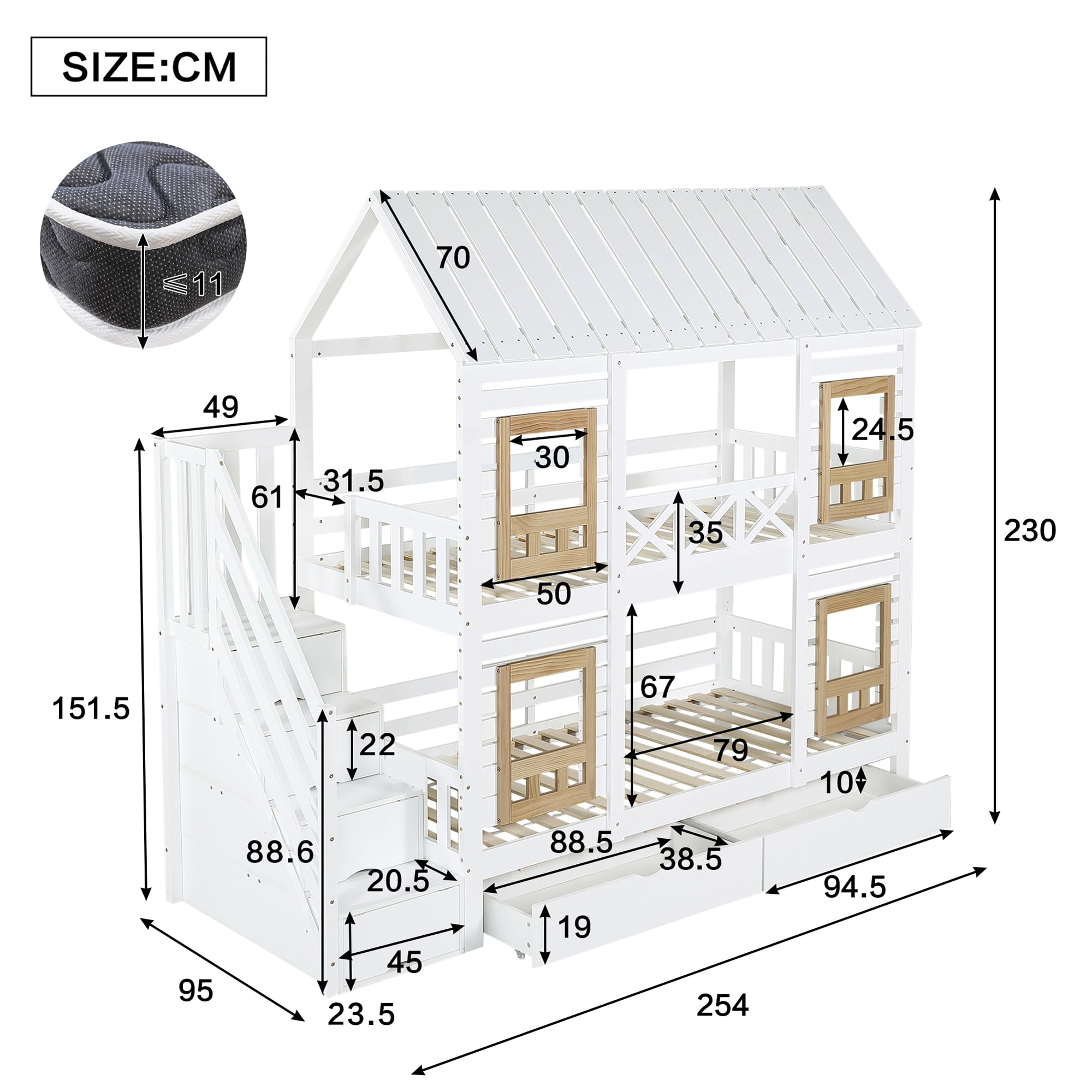 Kinderbett Etagenbett 90 x 200, Hausbett für 2 Kinder, Hochbett mit Lattenrost, Treppe mit 4 Ablagefächern, Rausfallschutz, Zwei Schubladen mit Rollen, Baumhaus Bett mit Fenster und Dach