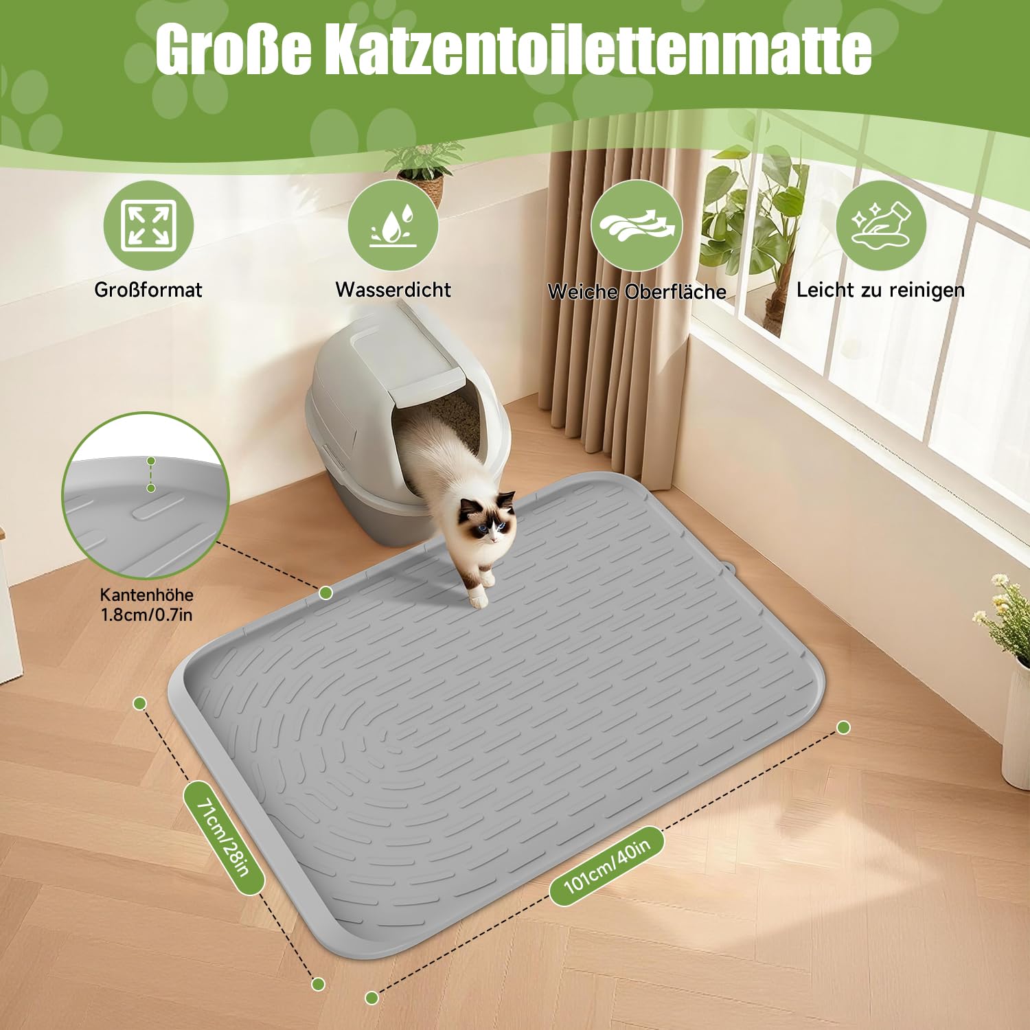 Silikon Katzenklo Matte mit Verteilerrillen, Erhöhtem Rand, 101x71cm XXL, Wasserdichte Katzentoilette Unterlage, Rutschfeste Katzenstreu Matte, Bodenschutz Vorleger, Reinigendes Katzenzubehör