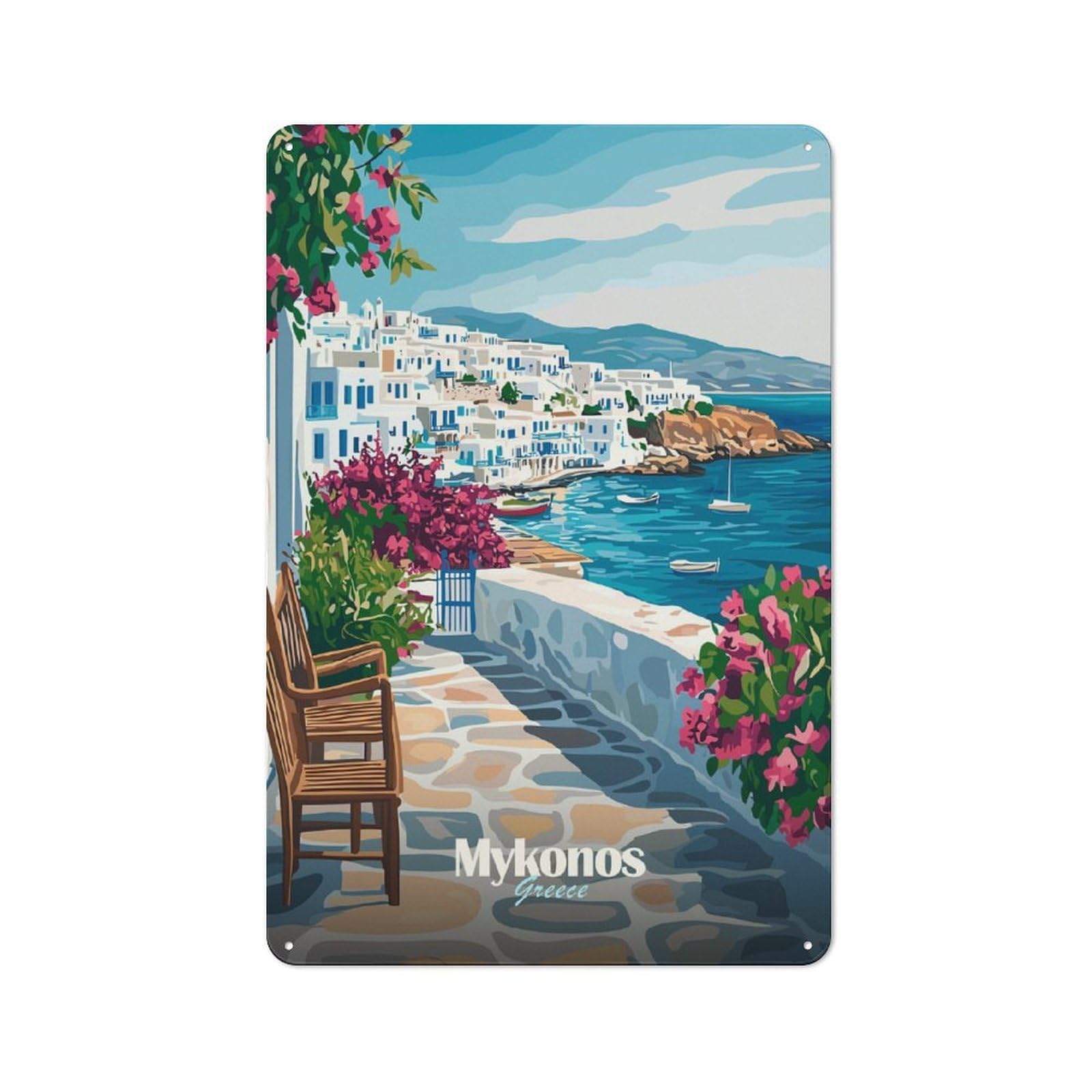 Junmoney Style-21 Vintage Tin Sign 30X20cm With Mykonos Greece Landscape For Bar Or Restaurant, Suited To Bar Decor Enthusiasts