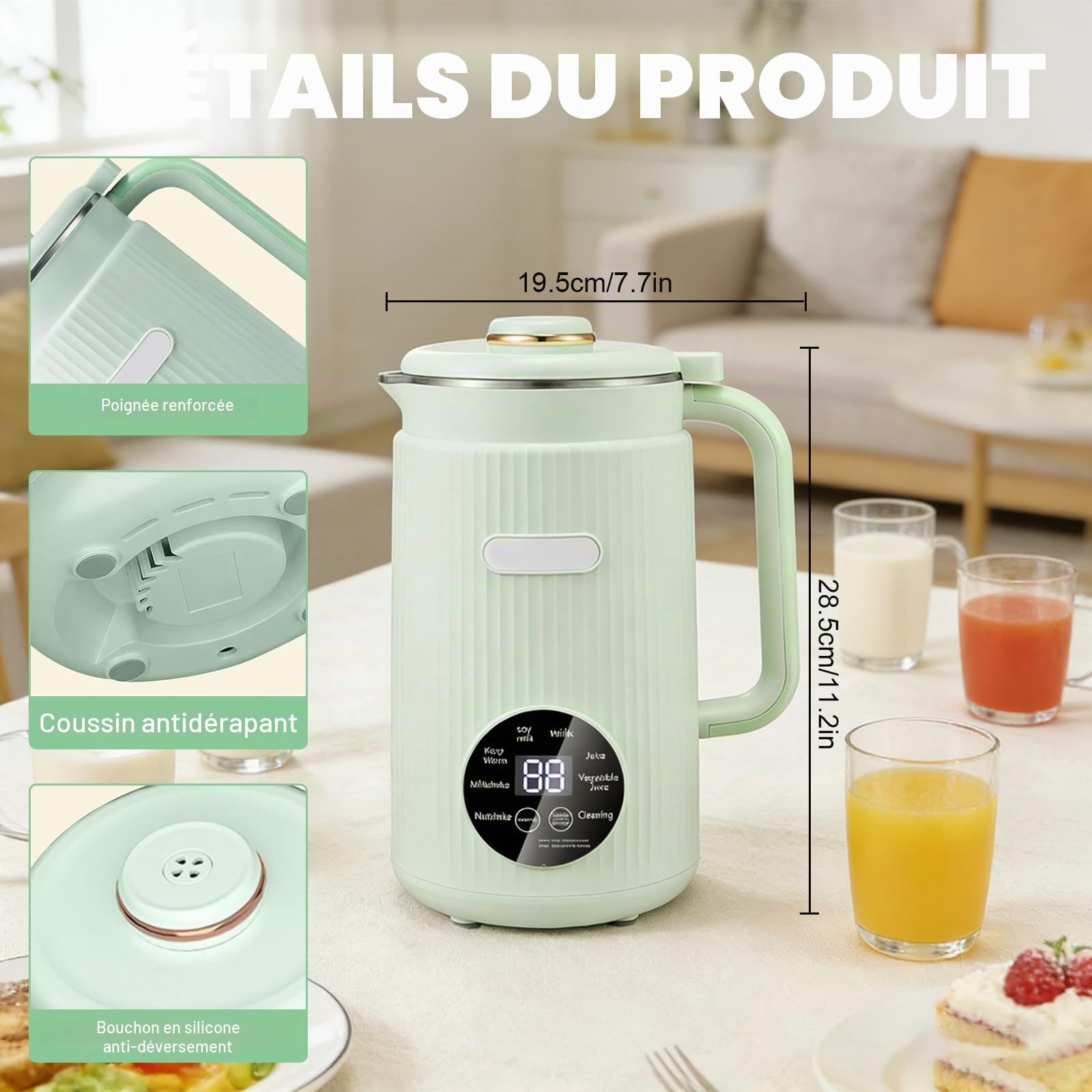 Machine à lait de soja 8 en 1 - 1200 ml - Machine à lait d'amande automatique avec 12 lames pour lait végétal fait maison, avoine, soja - 12 lames avec minuterie, fonction de maintien au chaud (vert)