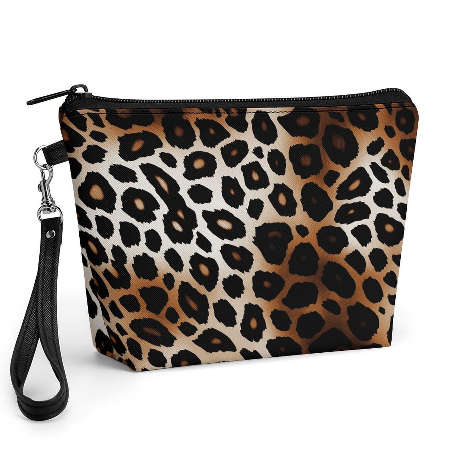 Bolsa de maquillaje de leopardo con asa y cremallera: neceser amplio de piel sintética 8