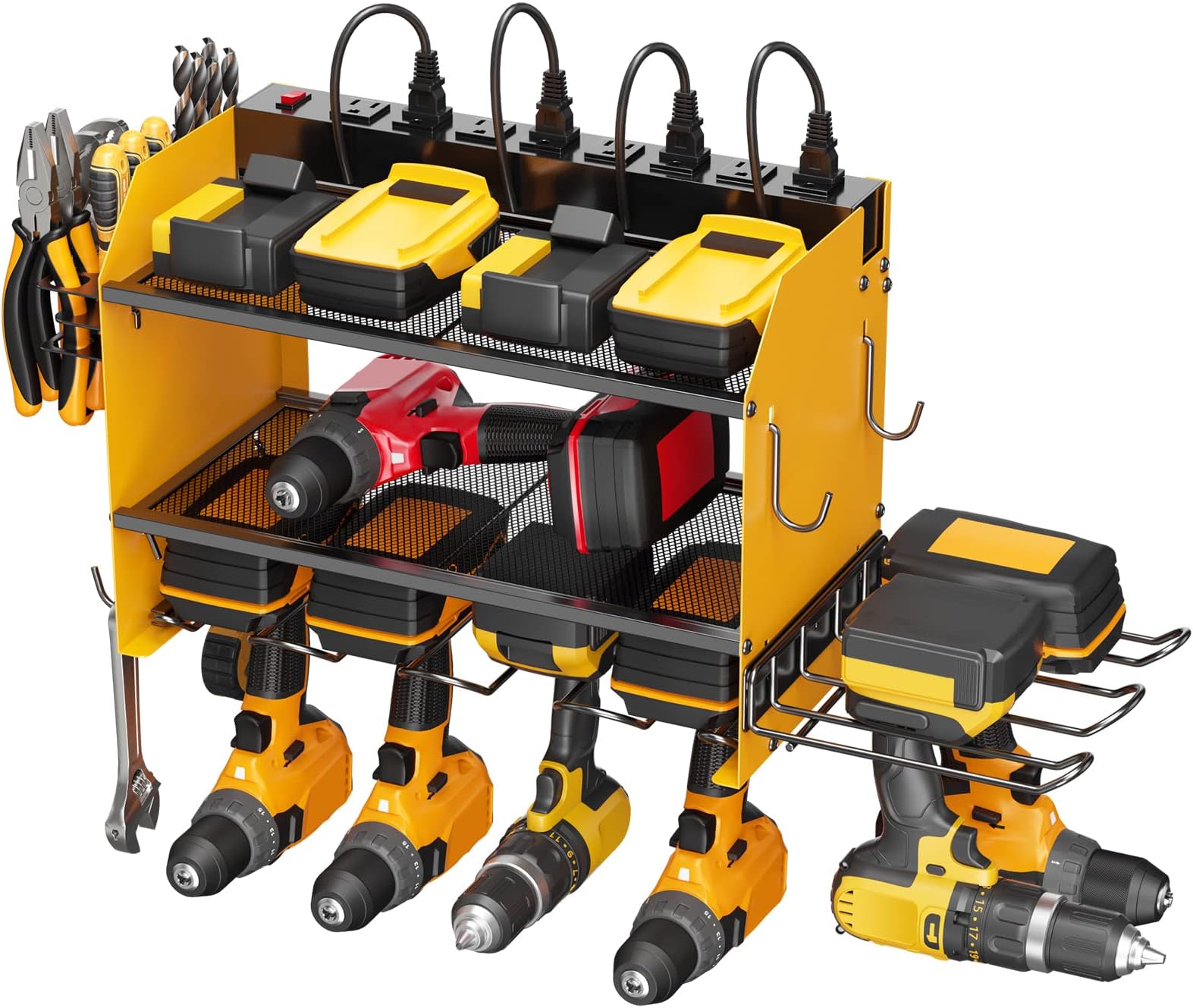 CCCEI Modular Power Tool Organizer Wall Mount Charging Station, Yellow 6 Drills Holder with 8 Plug Power Strip 10FT, Garage Drill Battery Heavy Duty Metal Shelf, Utility Rack with Hooks, Side Storage.