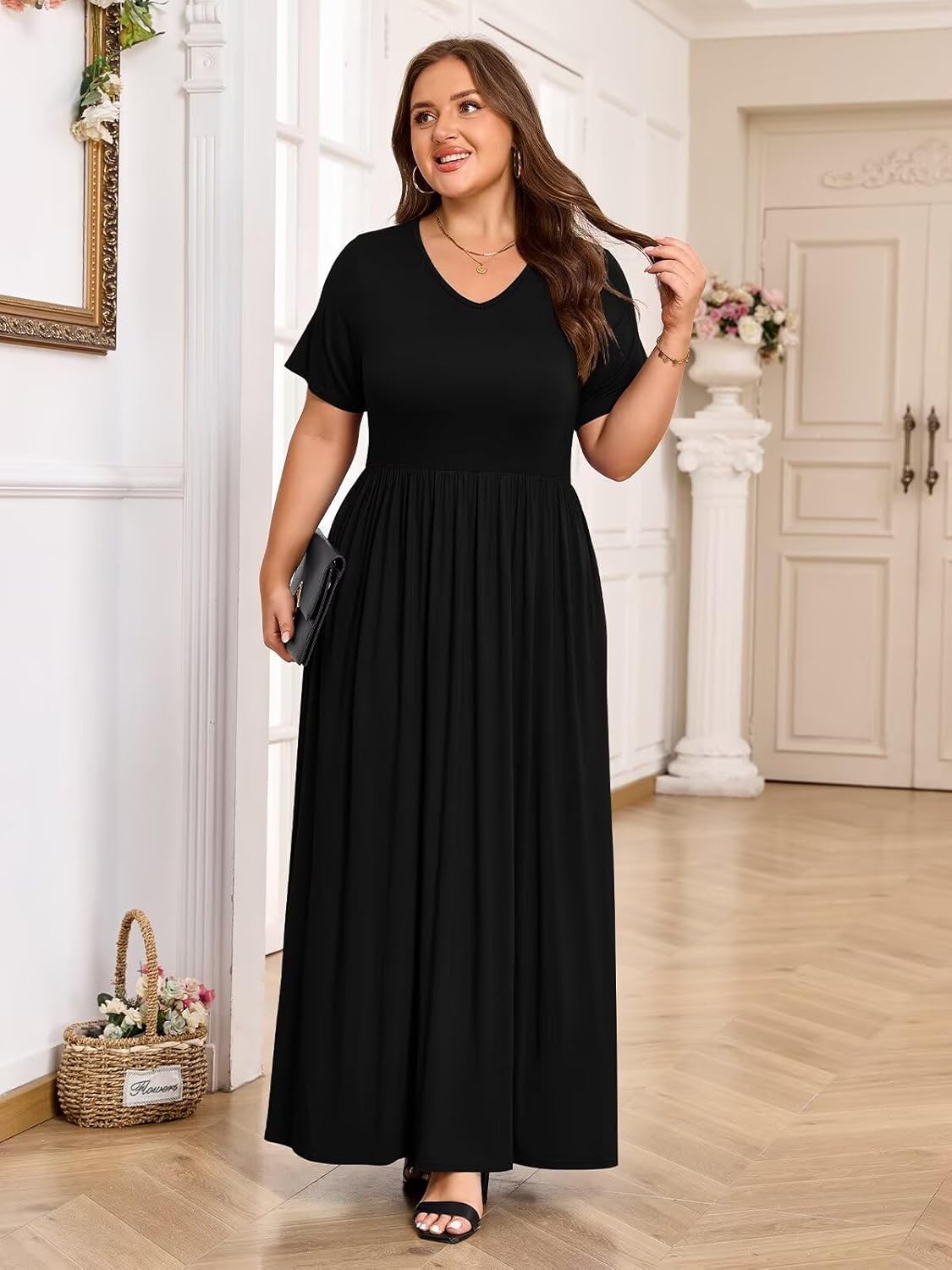 BELAROI Womens Plus Size Maxi Dress Summer V Neck Short Sleeve Long Dresses Pockets Beach Coverup Loose Casual - Image 5