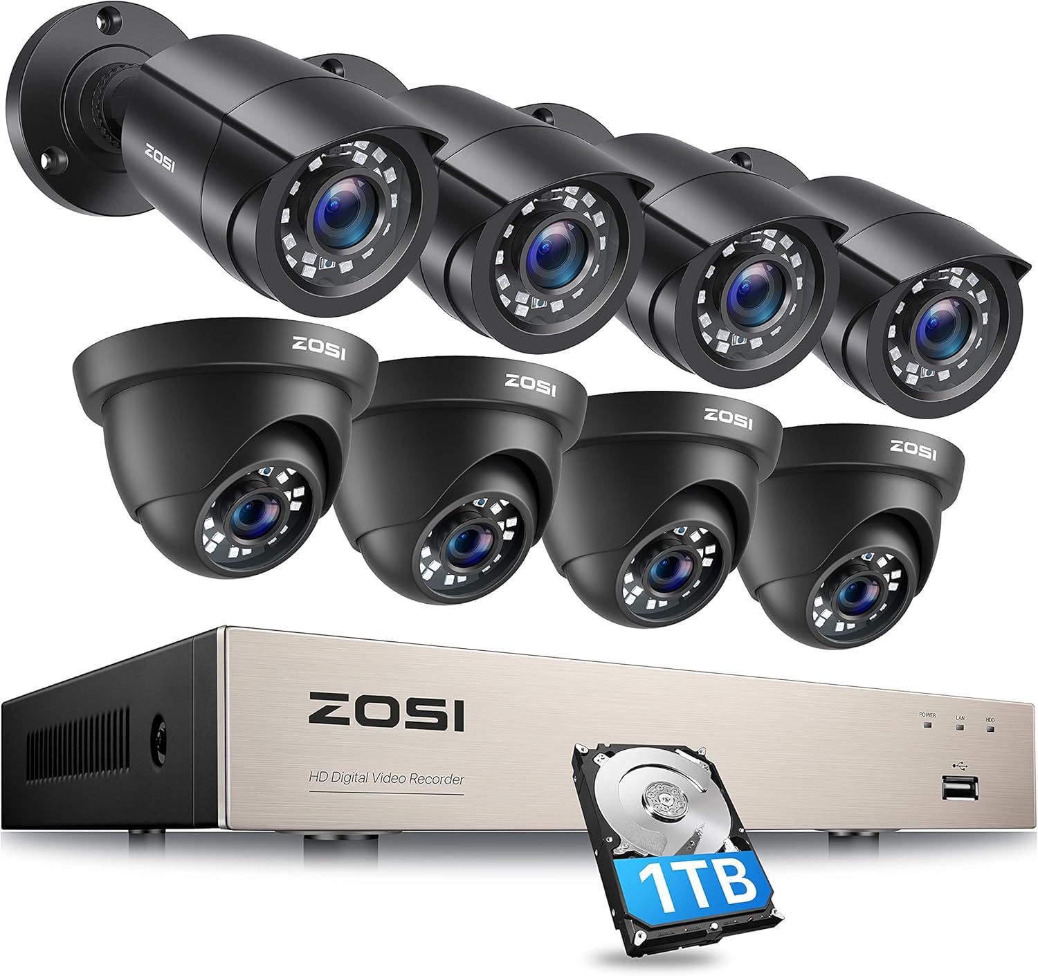 ZOSI 3K Lite Wired Security Camera System Outdoor,8pcs 1920TVL 1080P Surveillance Cameras,80ft Night Vision,8 Channel H.265+ 5MP Lite CCTV DVR with