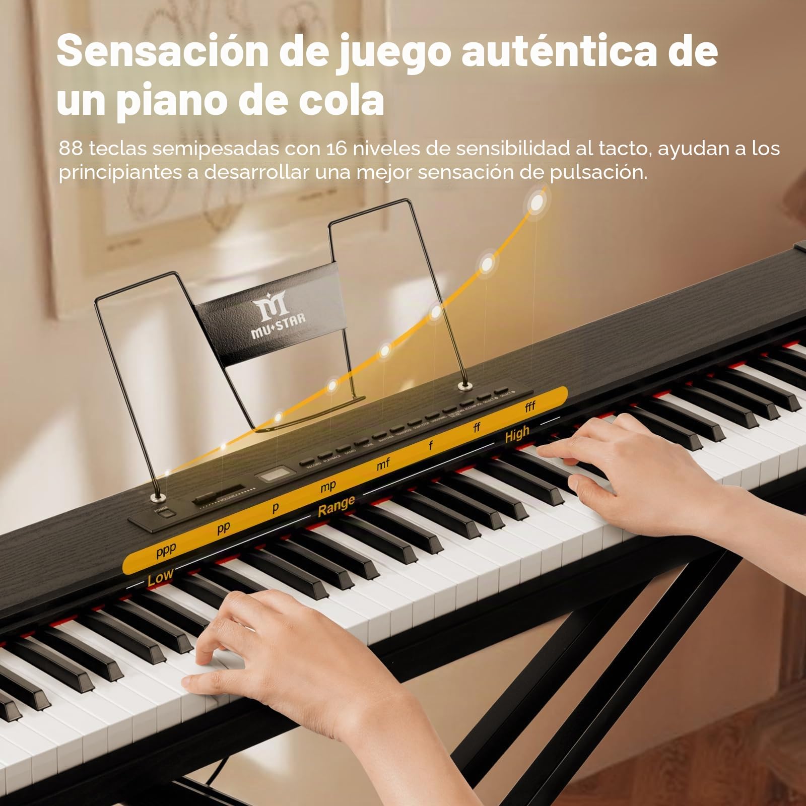 MUSTAR Piano digital 88 teclas semi-pesadas con soporte, tamaño completo 88 teclas, piano principiante, piano electrónico portátil, con conexión inalámbrica, maleta, pedal de sustain, negro