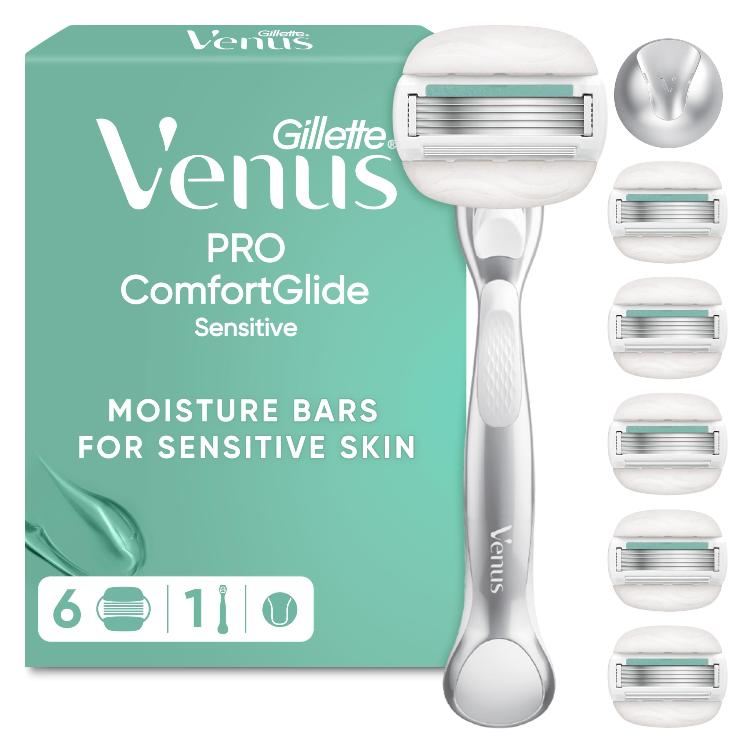 Gillette Venus Pro ComfortGlide Sensitive Razor for Women, 1 Handle & 6 Blade Refills - Aloe Vera Moisture Bars, Durable Metal Handle, Shower Holder, Smooth Close Shave