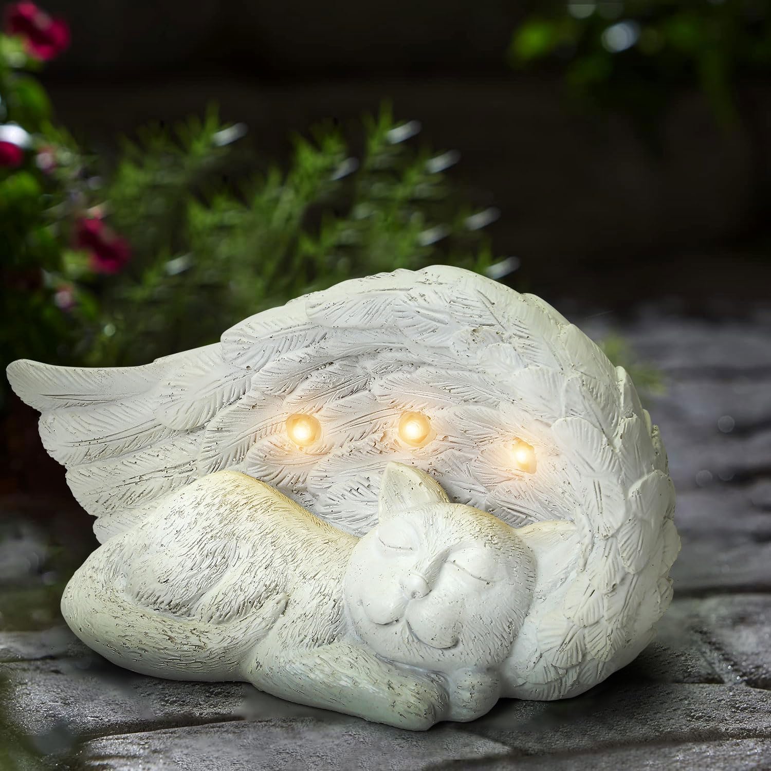 Greenfields Solar Powered Cat or Dog Memorial Stone Solar Light - Sympathy Gifts, Tombstone, Gravestone, Grave Maker Statue, Garden Decor, Remembrance Statue Stone (Cat)