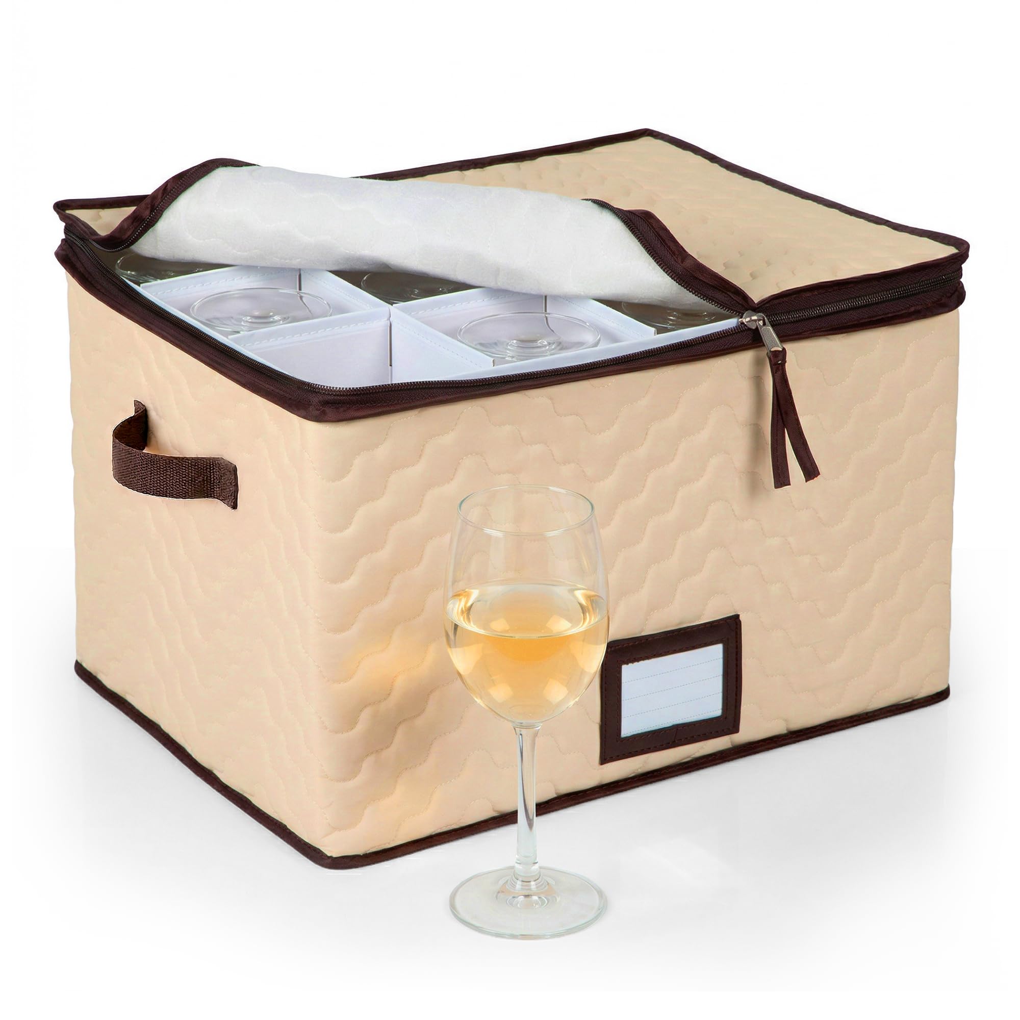 Stemware Storage Case - For Wine Glasses and Glassware - Holds 12 Glasses - Wine Glass Box Protects Champagne Flutes and Fine China - Durable Quilted Microfiber Bin with Dividers and Carry Handles