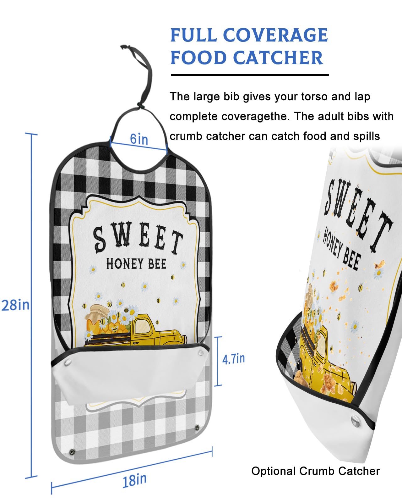 Summer Truck Adult Bibs for Eating, Waterproof Bibs with Food Catcher & Adjustable Snap Closure, Rustic Sweet Bee Black White Plaid Washable Clothing Protectors Adult Bibs for Elderly Women/Men