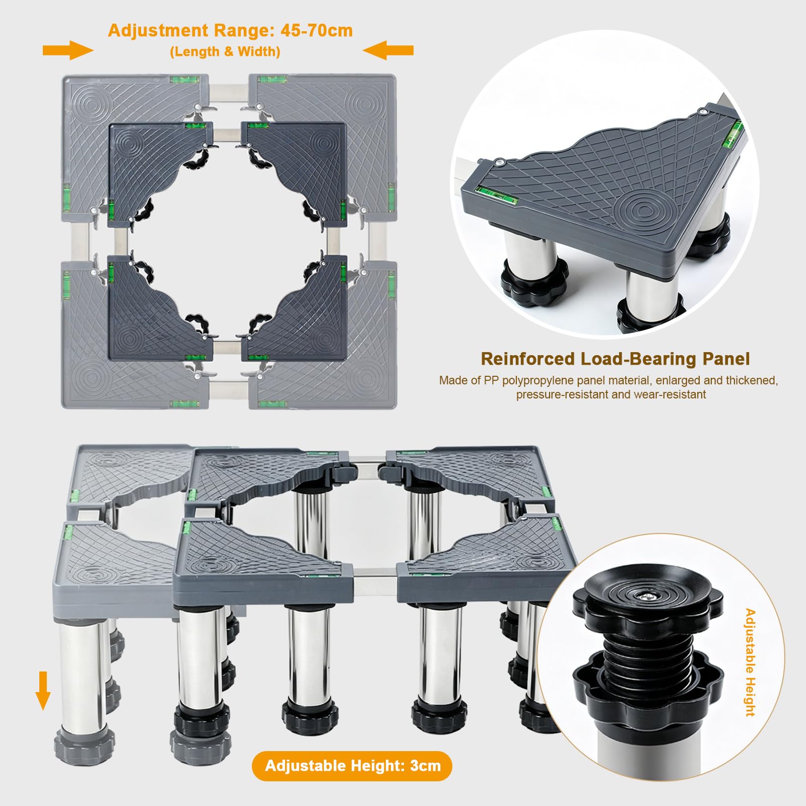 Soporte universal ajustable para lavadora, secadora, pedestal con patas de acero inoxidable y patas antideslizantes, soporte antivibración, para lavadora, secadora, nevera