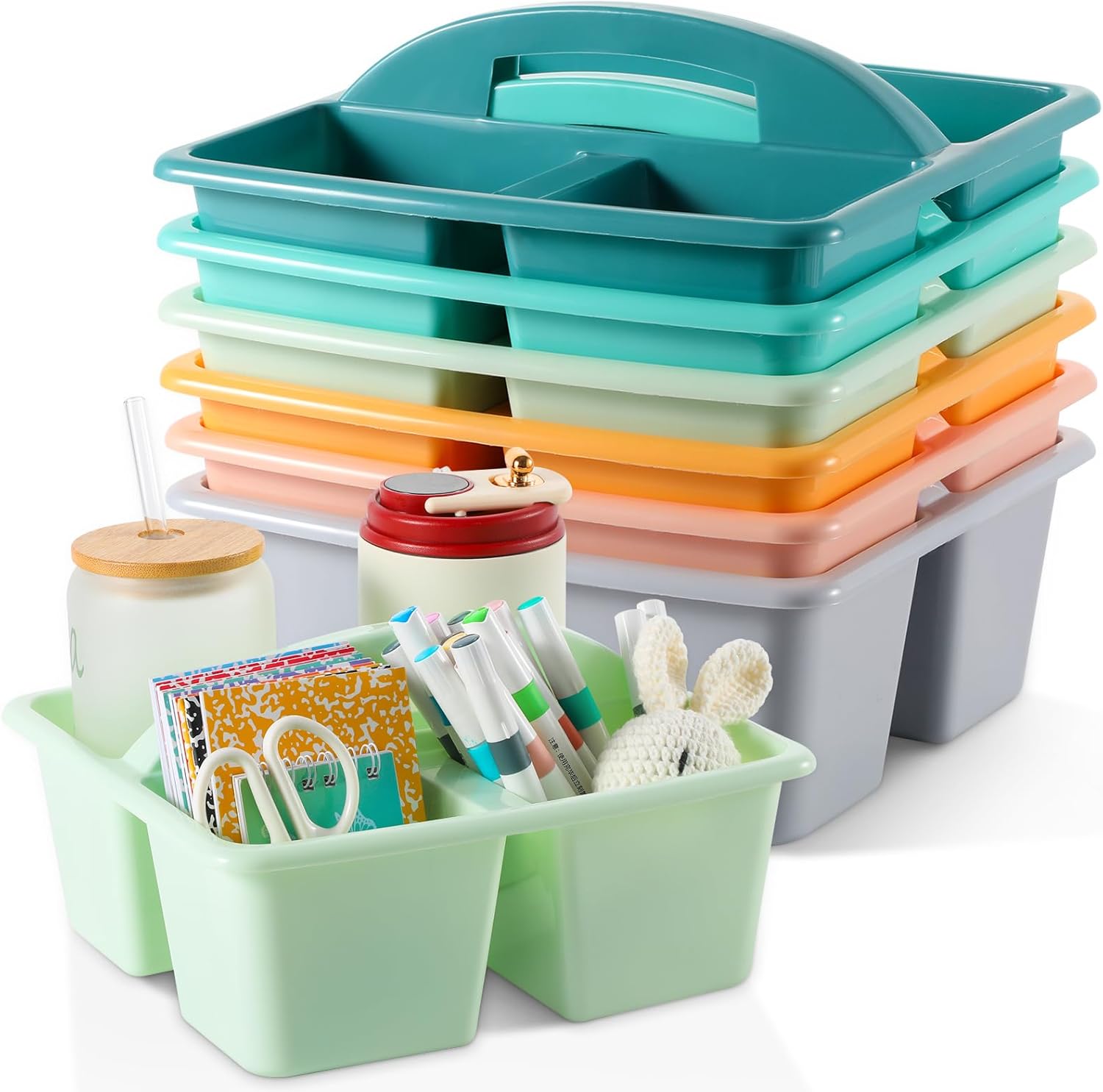 6 Pack 3 Compartment Small Caddy Plastic Classroom Organizer with Handle Portable Teacher Supply Storage Caddy Craft Art Caddies for Pencil, Crayon, Marker, Home, Office, School Supplies(Morandi)