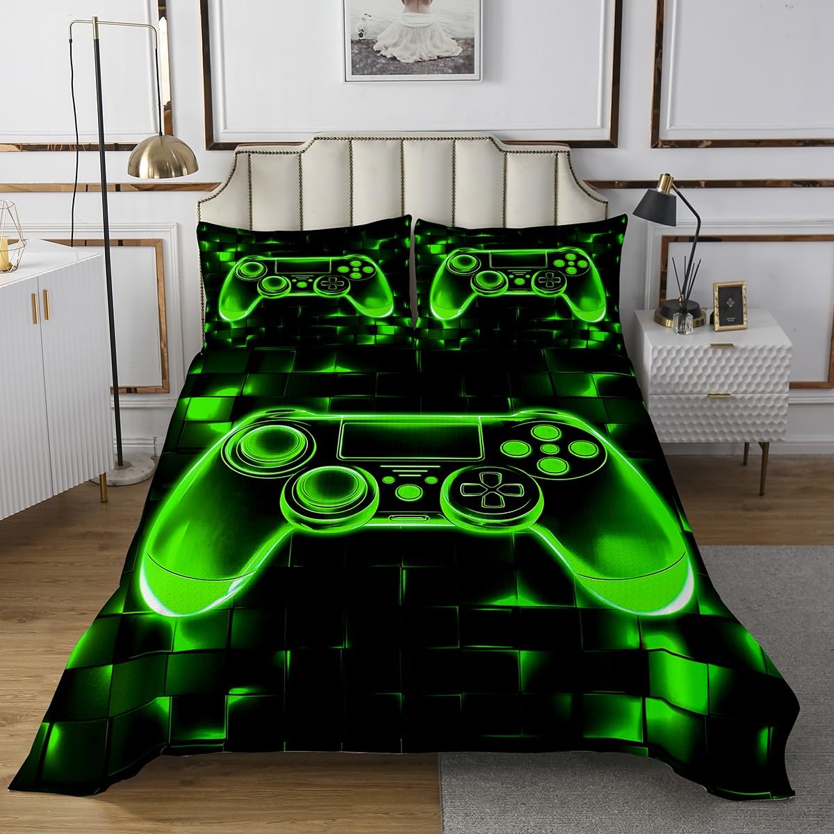 Manfei Green Gaming Bedspread Twin Size, Geometric Grid Gamepad Gamer Coverlet Set 2pcs, Video Games Quilted Coverlet with 1 Pillowcase, Kids Boys Girls Room Decor, Soft Bedding Quilt