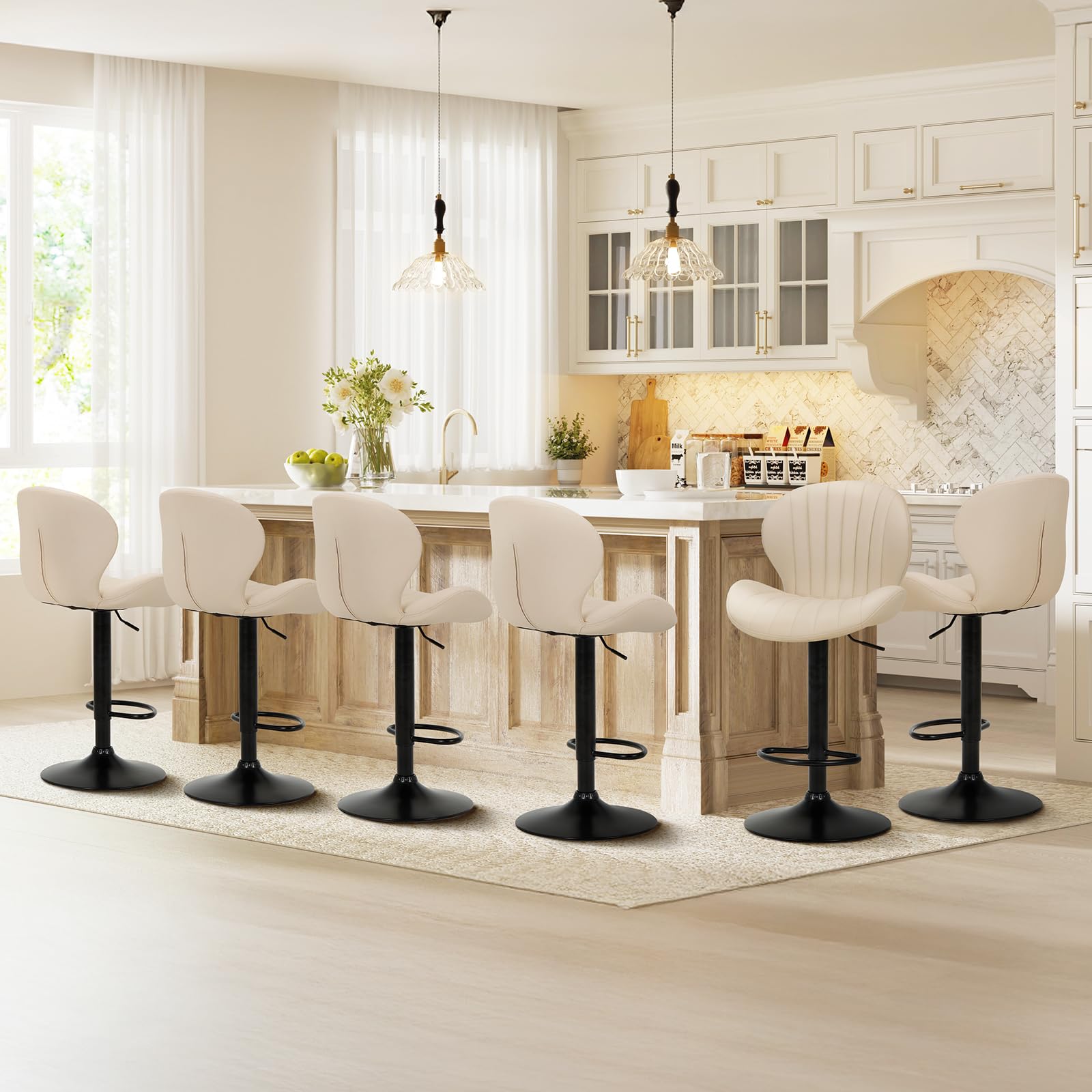 COLAMY Bar Stools Set of 6, Modern Swivel Bar Chairs, Adjustable Upholstered Barstools Counter Height with Square Open Back for Bar, Kitchen Island, Dining Room, Beige