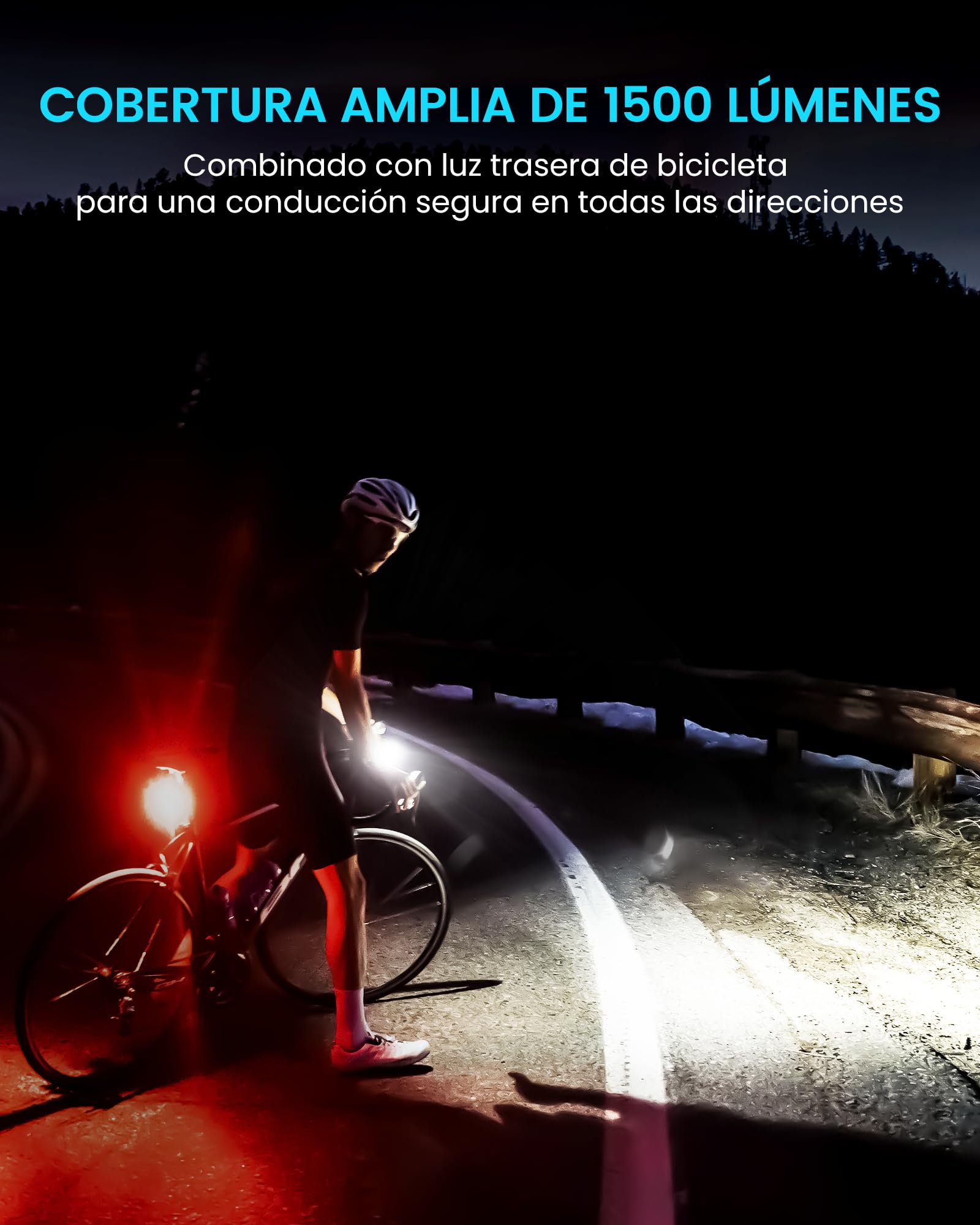 RAVEMEN SR1500 Luces Delanteras y Traseras para Bicicleta, Conjuntos de Faros Delanteros y Traseros Inteligentes, 1500 Lúmenes Recargable USB C IPX7 para Ciclismo de Montaña, Carretera y Urbano