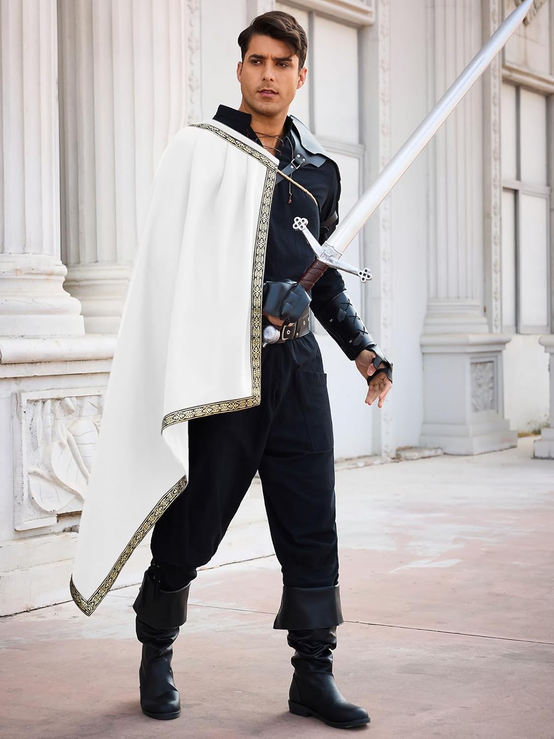 Runcati Mens Renaissance Shawl Half Shoulder Cape Medieval Samurai Cloak LARP Warrior Ren Faire Halloween Costume