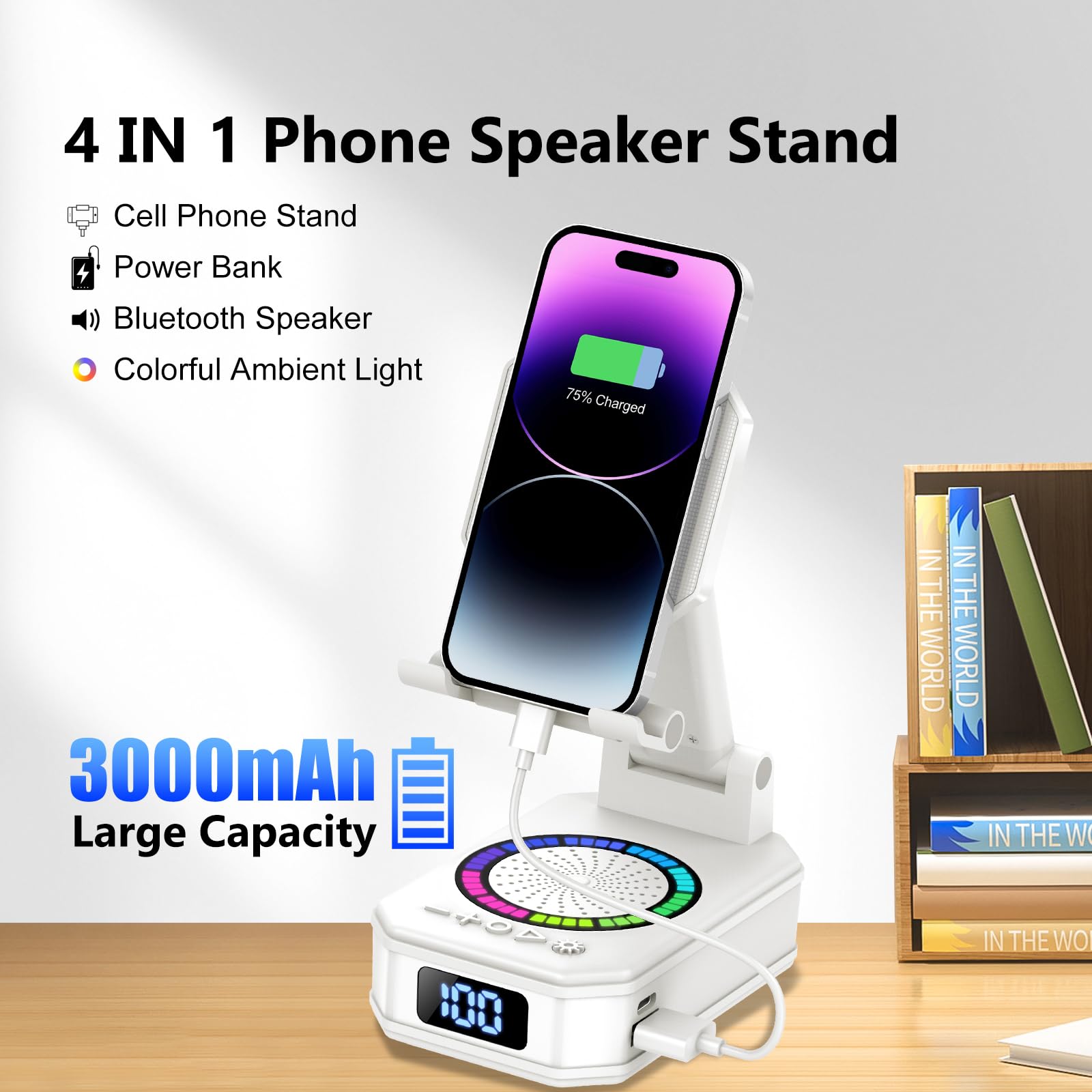 Altavoz Bluetooth Pequeño, Altavoz Portátil Bluetooth con Soporte para Móvil, Base Antideslizante, Sonido Envolvente HD, Recargable, Regalo Original para Hombre Mujer, Compatible con iOS y Android - 3
