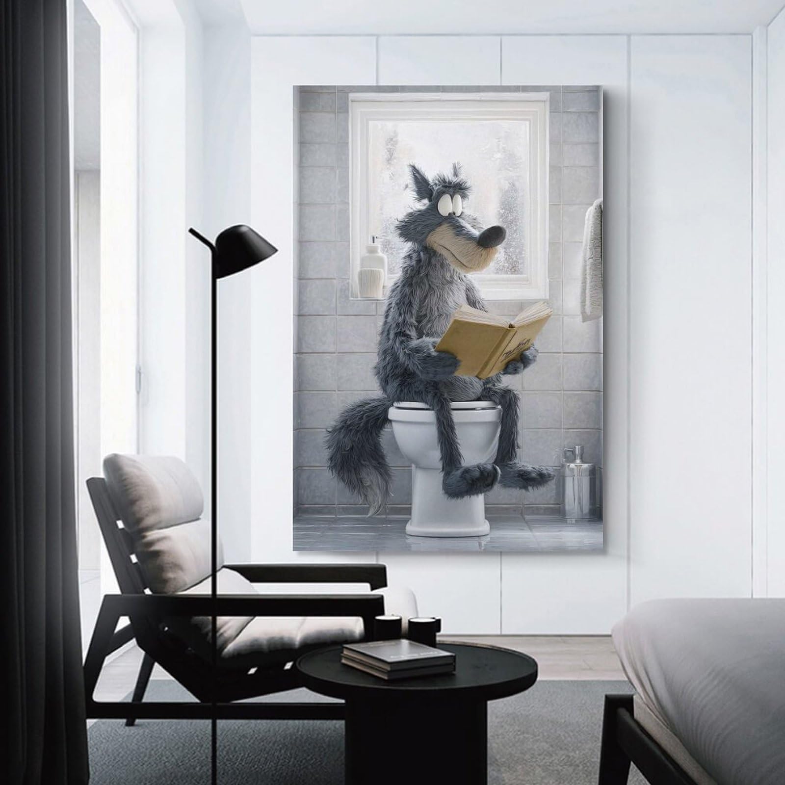 Junmoney Wolf Reading on Toilet Wall Picture Print 12x18inch(30x45cm), for Lounge Decor, Offices Or Entryway Styling, A Flexible Wall Accent for Shared Spaces