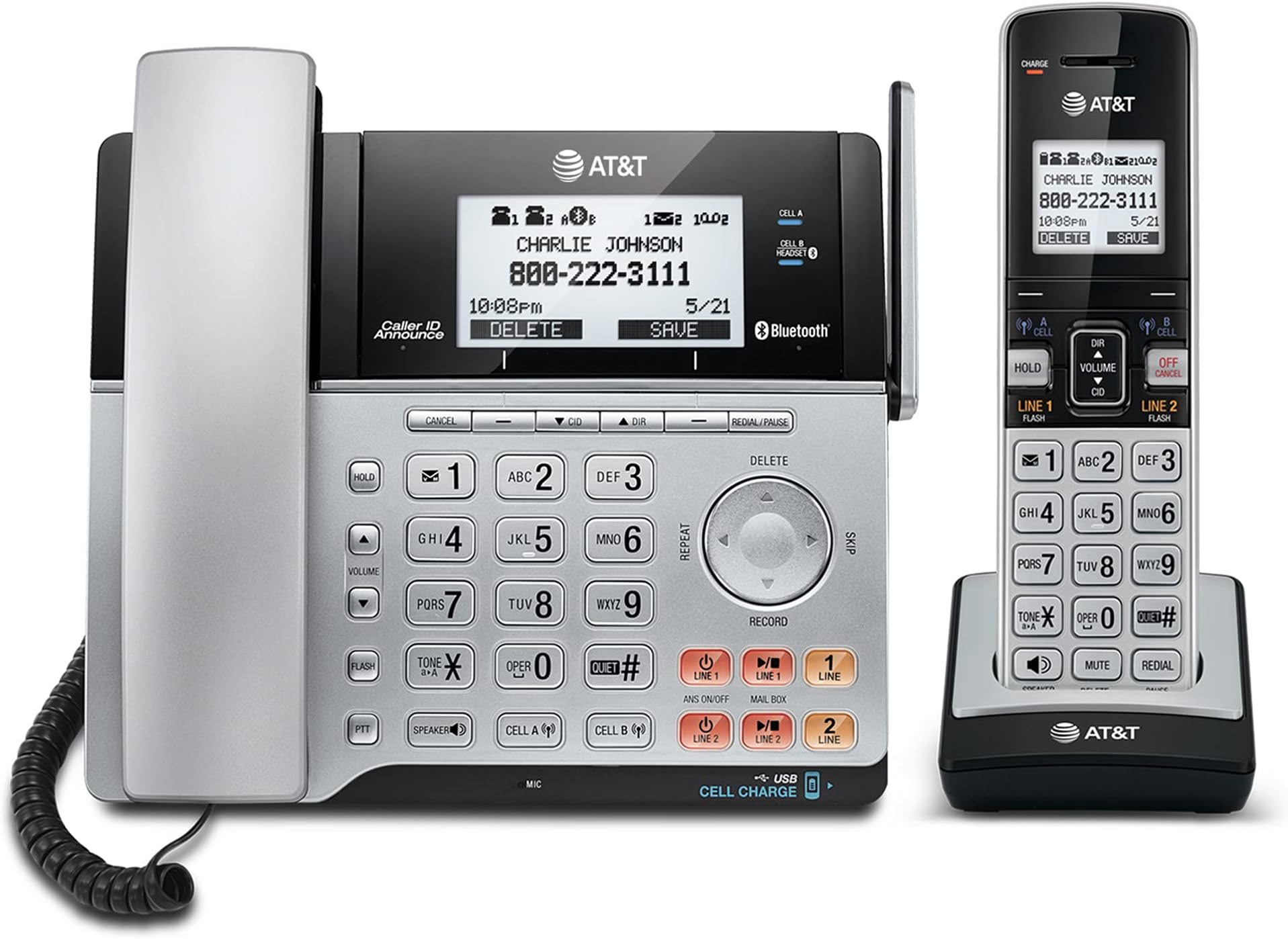 AT&T TL86103 2-Line Corded/Cordless for Small Business with Answering ...