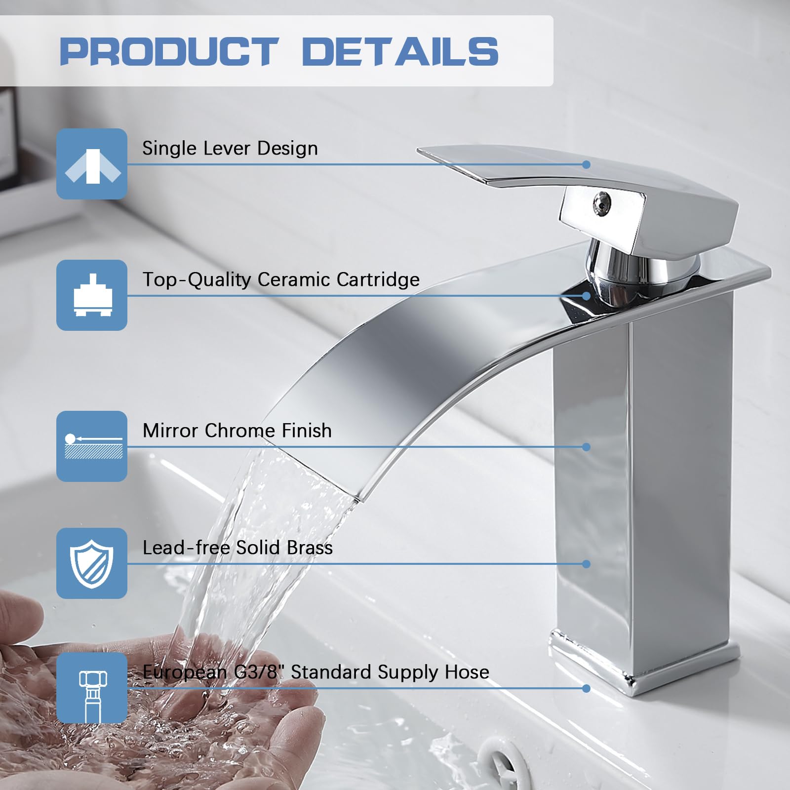 kisimixer Moderne Robinet Salle de Bain Cascade, Design Elégant Robinet Lavabo, Mitigeur Cascade, Eau Chaude et Froide Disponible, Robinetterie Chromé G 3/8, Mitigeur Lavabo sans Tirette de Vidage