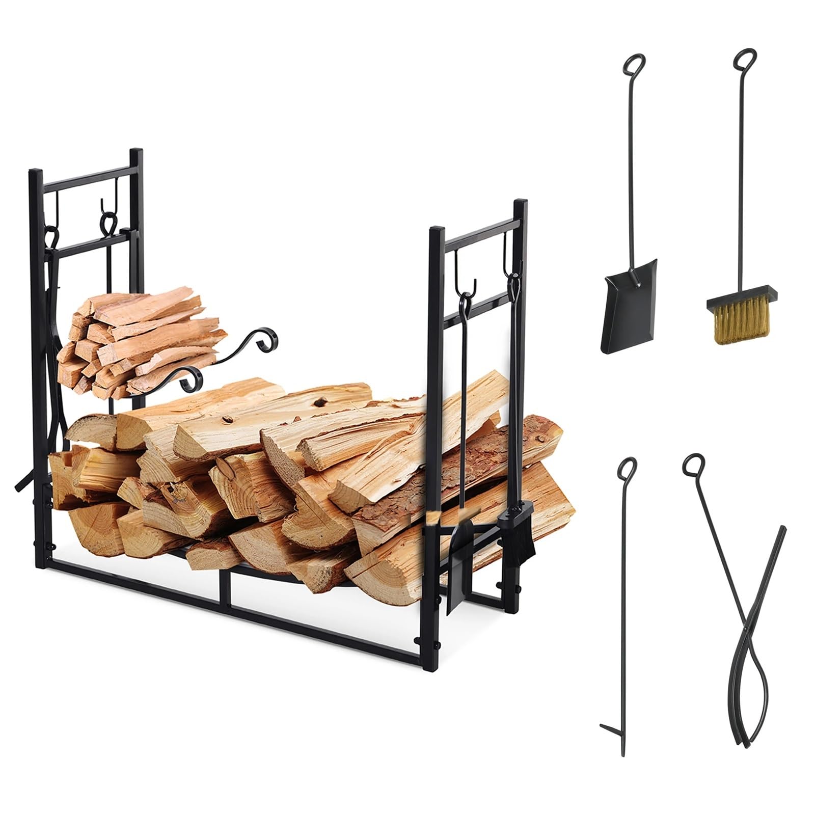 Porta legna Leñero de metal for interior y exterior, estante almacenamiento leña 2 niveles con 4 herramientas ganchos