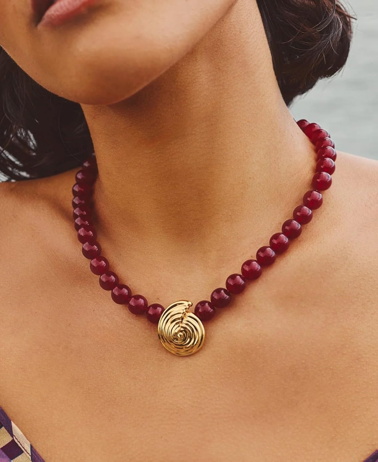 Elegant Spiral Shell Beaded Pendant Necklace For Women | Tarnish-Free Chunky Gold Plated Statement Swirl Necklace | Creative Eye-Catching Jewelry Accessories For Party Wear - Image 2