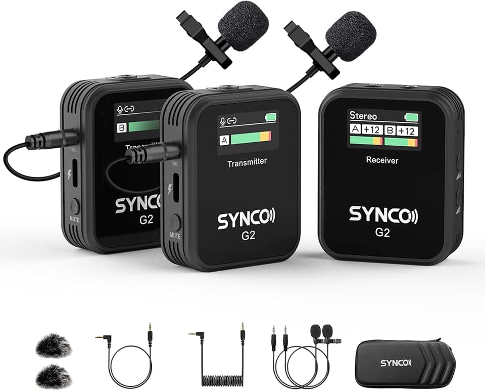SYNCO Wireless Lavalier Microphone, G2(A2) 2.4G Dual Transmitter 48KHz 24Bit Lapel Mic 656FT 8H for Vlogging Live Streaming YouTube for Camera Smartphone Tablet ISCC PLUS