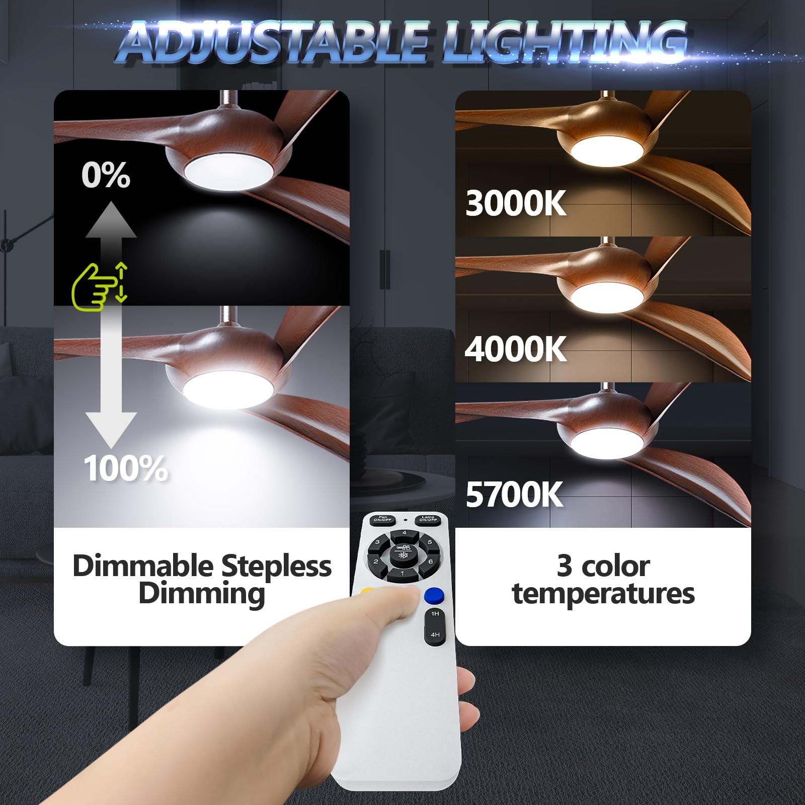 HOOLED Ventilatore da soffitto con luce DC motore brushless, 3 Lama 52 inch, velocità del vento regolabile a 6 velocità con funzione di temporizzazione, luce LED regolabile in 3 colori