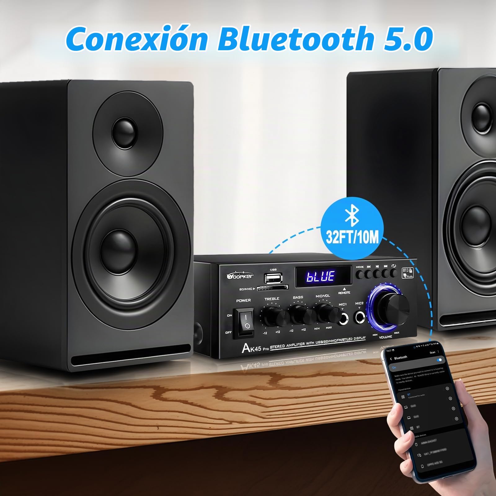 Woopker AK45 PRO Amplificador Audio, 2.0CH Bluetooth 5.0 50Wx2 Salida HiFi Amplificador de Potencia de Audio, Receptor estéreo Amplificador Audio para Cine en Casa, Coche Altavoz W/2 Mic/USB/Radio FM