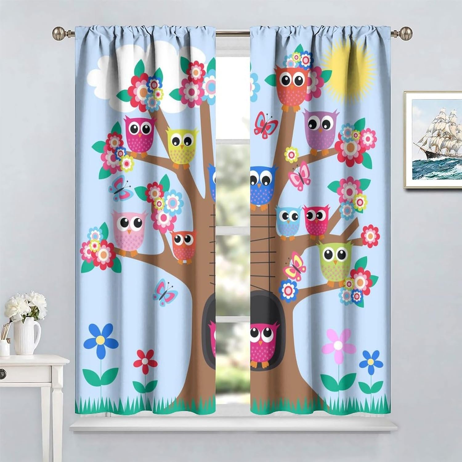 Owl Curtains Kids Cartoon Cute Fun Owl Graffiti Style Living Room Curtains for Children's Room Nursery Blackout Curtains 42x54 inch 2 Panels