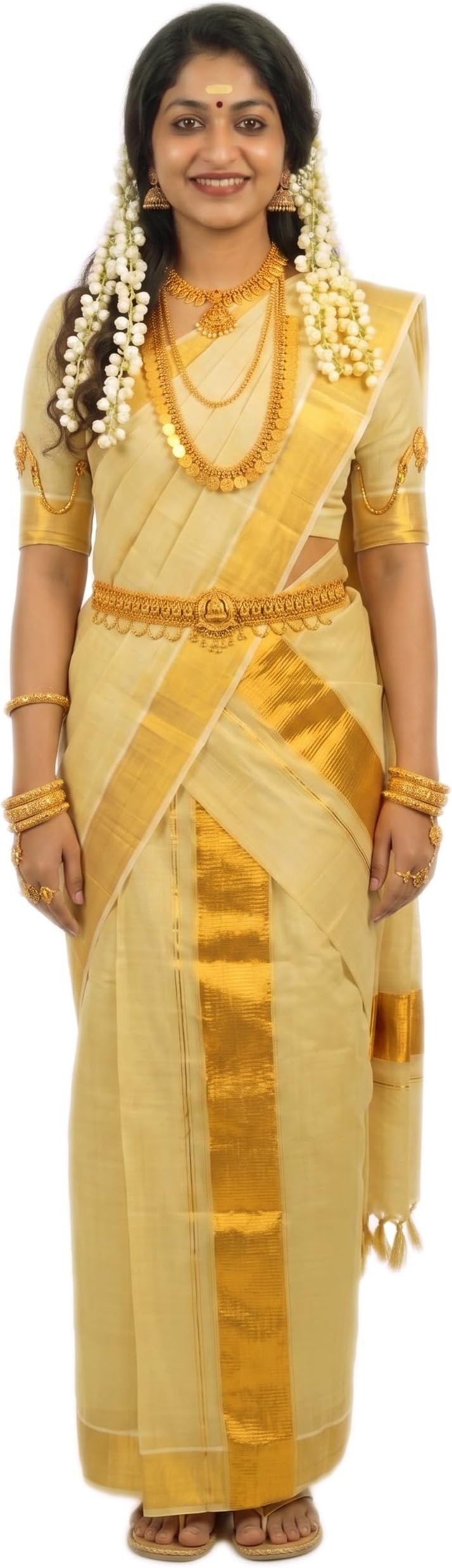 Women's Kerala Traditional Flora Tissue Kasavu Set Mundu With Tassels 2.00x2.80 Meters