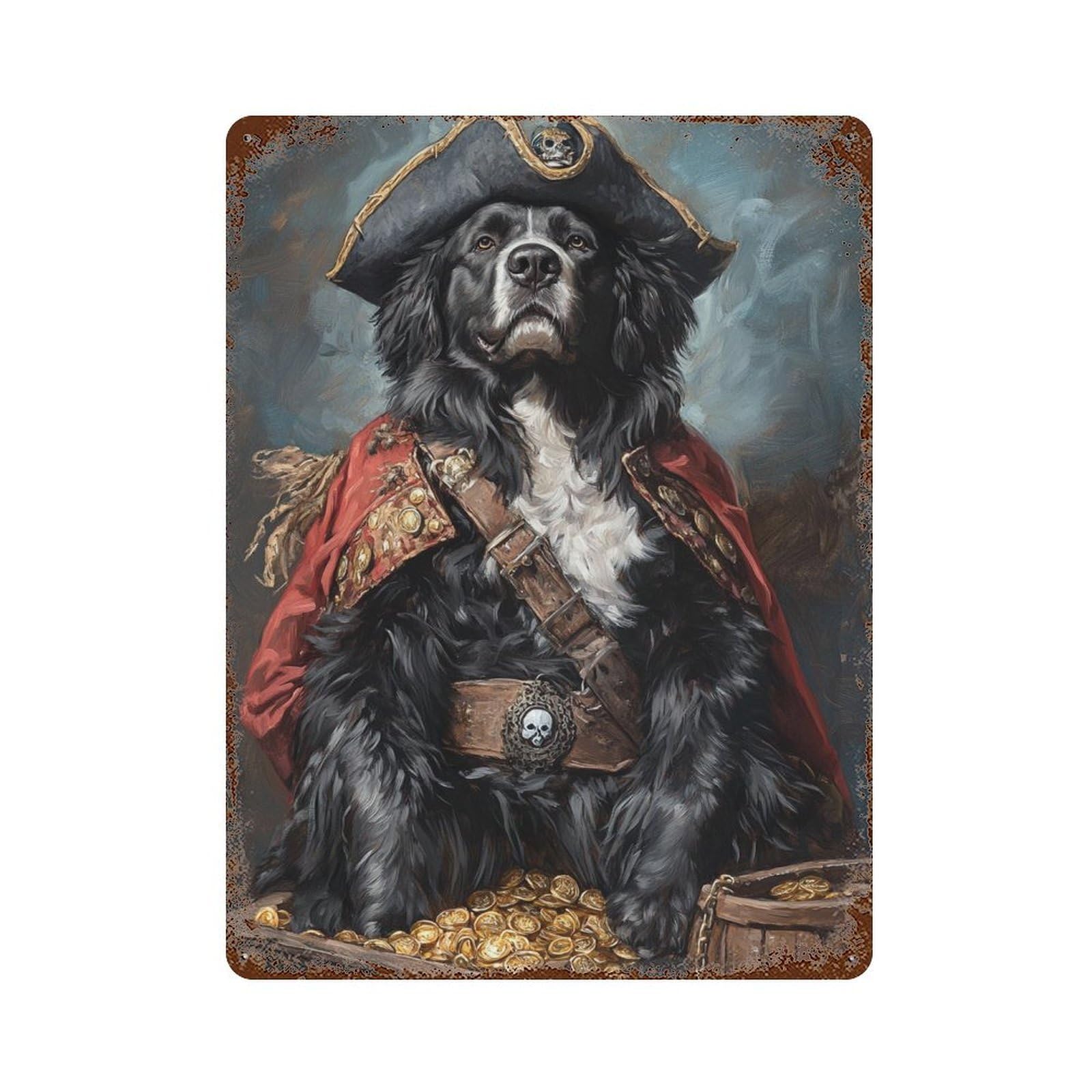 Pirate Dog Treasure Chest-80 Rustic Tin Plaque 15.7"x11.8", Vintage Wall Decor for Garage, Pub Or Kitchen