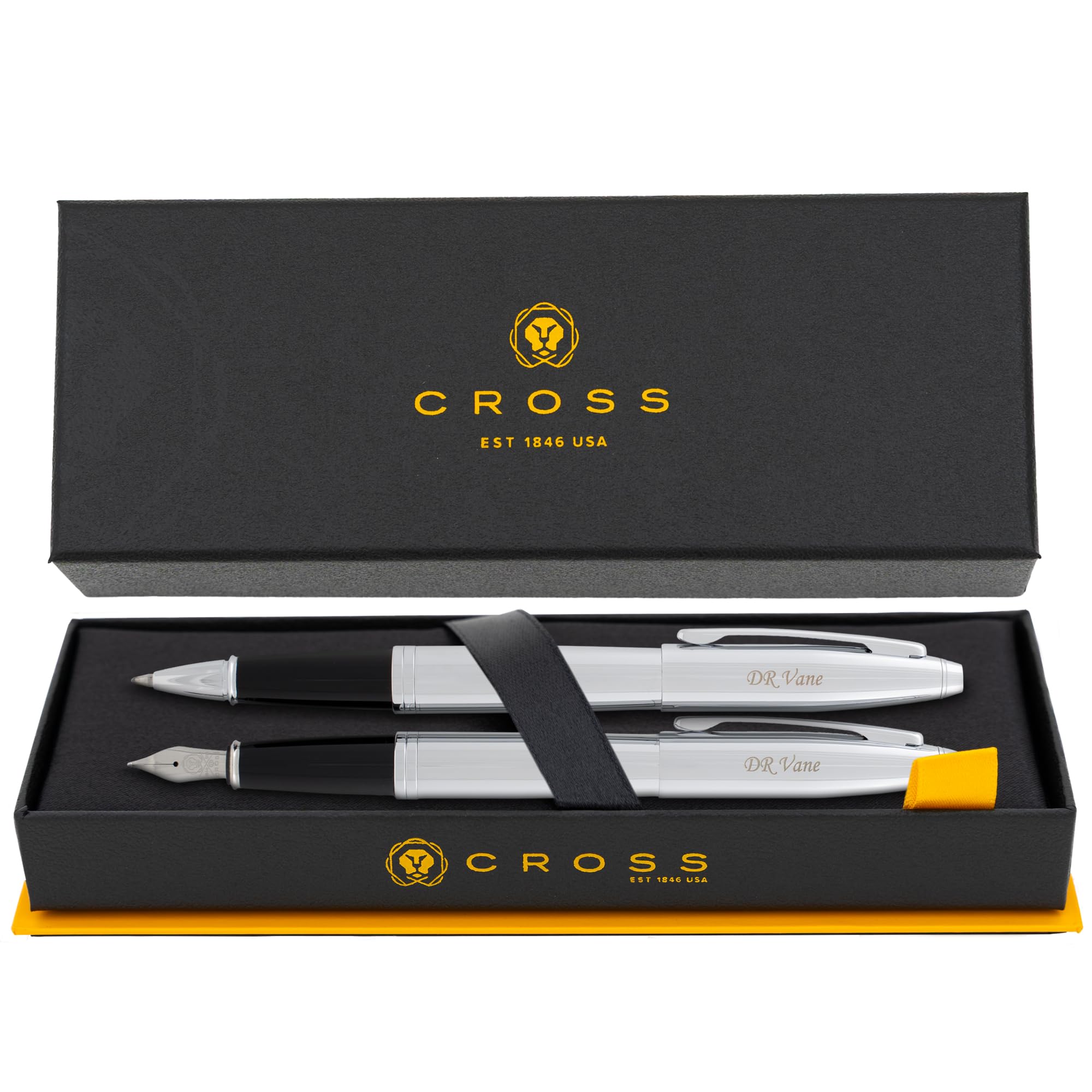 Cross Pen Set | Engraved Cross Calais Capped Rollerball and Fountain Pen Gift Set in Lustrous Chrome. Includes Engraving, Starter Ink, and Gift Box.