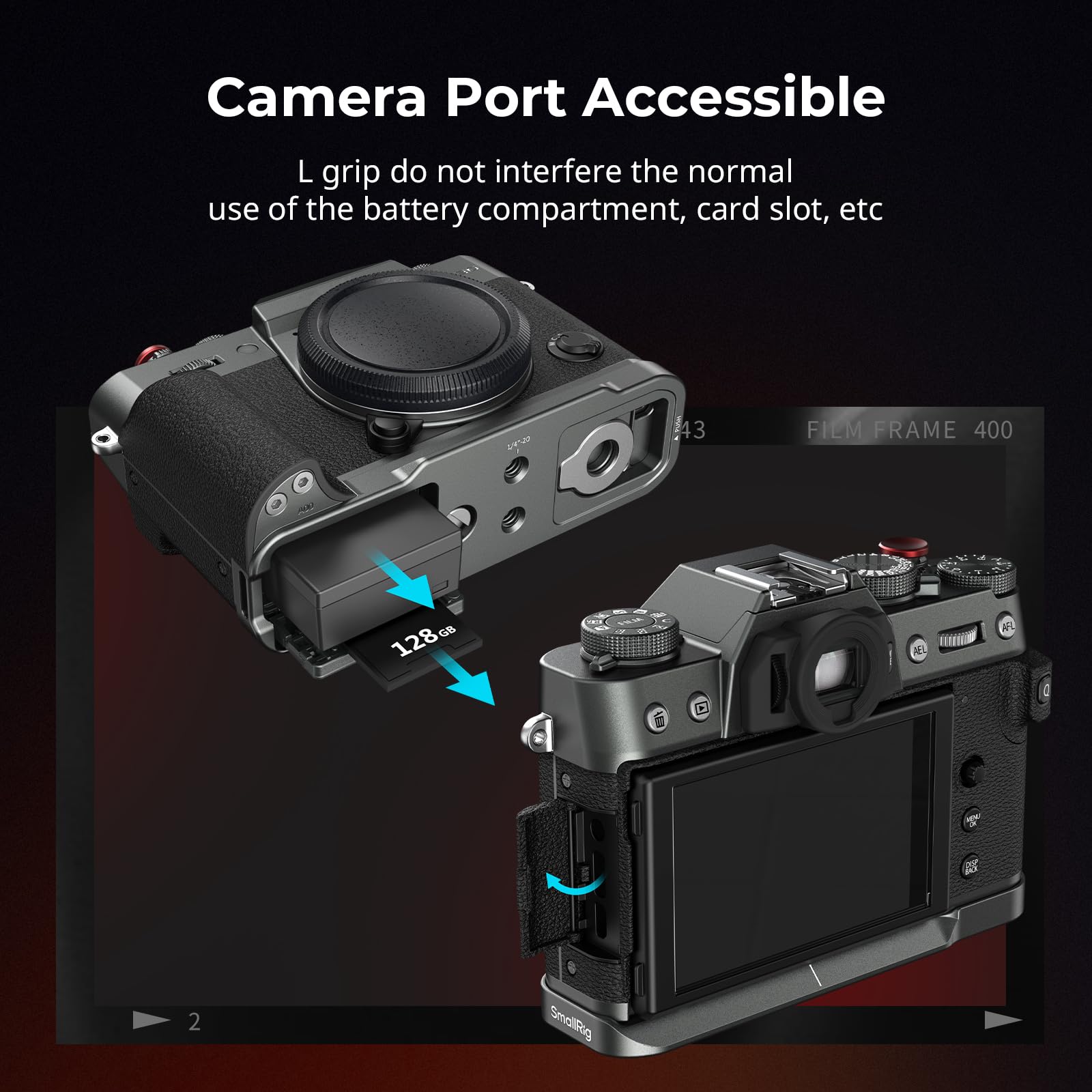 SMALLRIG L-förmiger Silikongriff für FUJIFILM X-T30 III/X-T30 II/X-T30 Kameras, integrierte Schnellwechselplatte Arca-Swiss, 1/4"-20-Gewinde, Leichter Auslöser (Kohlesilber)