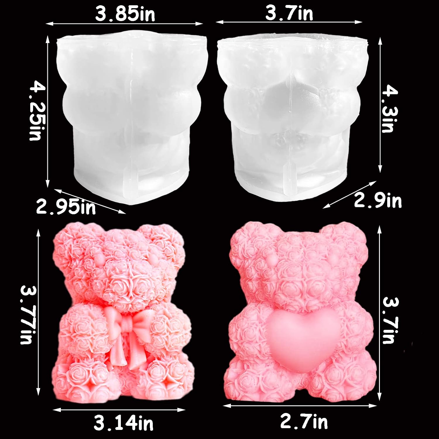 2-Pack 3D Rose Bear Candle Molds, Valentine's Day Silicone Molds, DIY Paint Your Own Heart or Bow-Tie Rose Bear Candle, Home Gifts Making Wax Ceramic Clay Mother's Day Gift