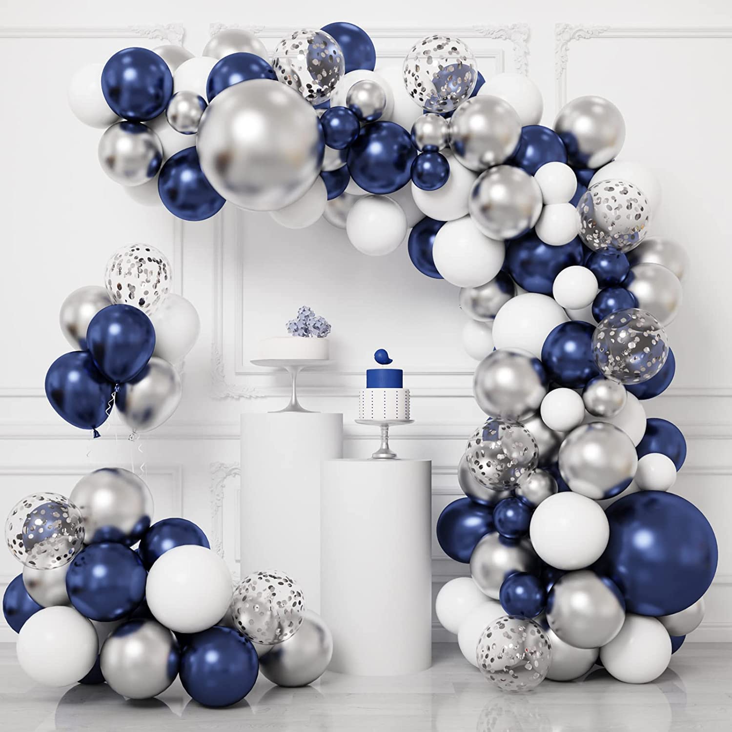 SYOSI Navy Blue Silver Balloon Garland Kit, Blue Silver White Confetti Balloons for Graduation Birthday Party Baby Shower