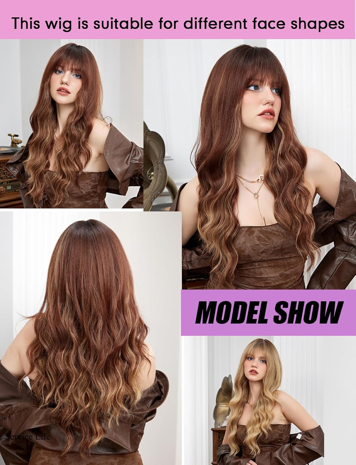 Long Brown Mixed Blonde Wigs for Women,Synthetic Wavy Hair Wig with Bangs - Image 5