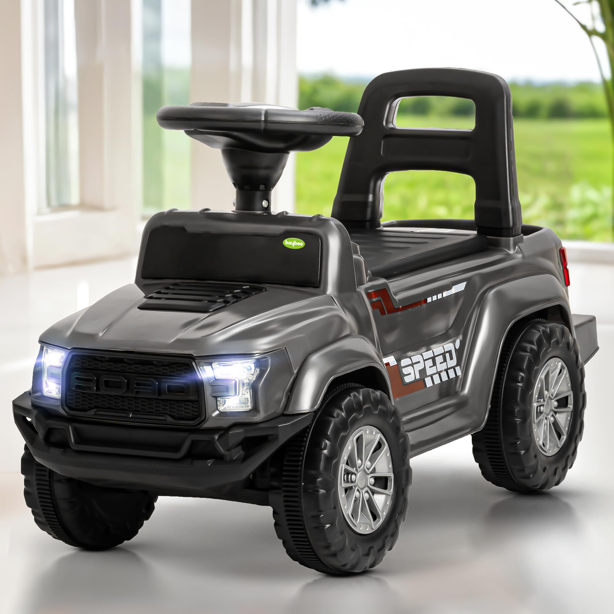 Baybee Roady Ride on Car for Kids | Portable RideOn Toy Cars with Backrest & Basket | Baby Push Rideon Jeep with LED Light & Music & Storage Basket | Baby RideOn Car for Kids 1-3 Years (Grey)