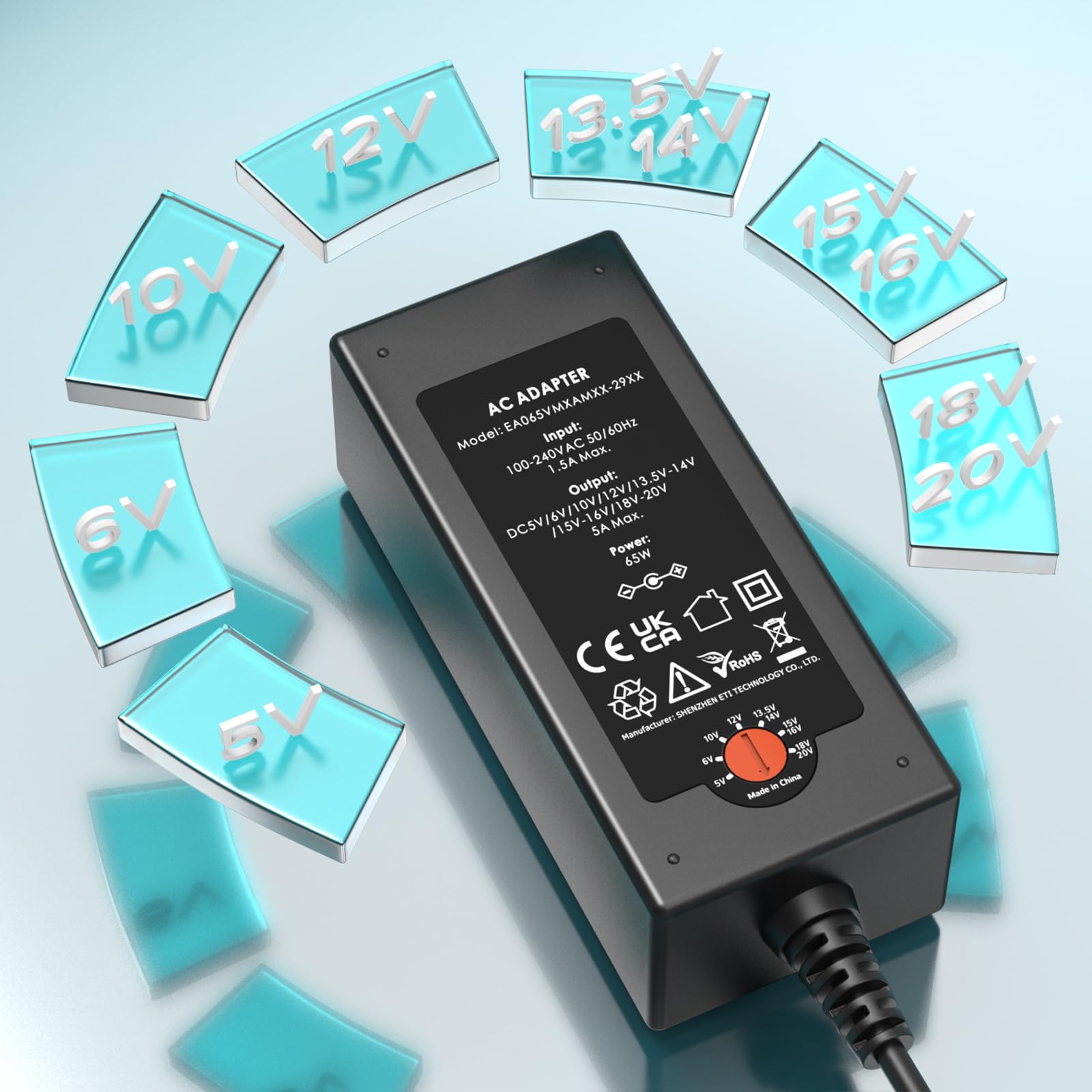 Powseed Adattatore CA universale da 65 W, 5 V, 6 V, 10 V, 12 V, 13,5 V, 14 V, 15 V, 16 V, 18 V, 18,5 V, 19 V, 19,5 V, 20 V, cavo di alimentazione con 16 spine CC per computer portatile Lenovo, HP,