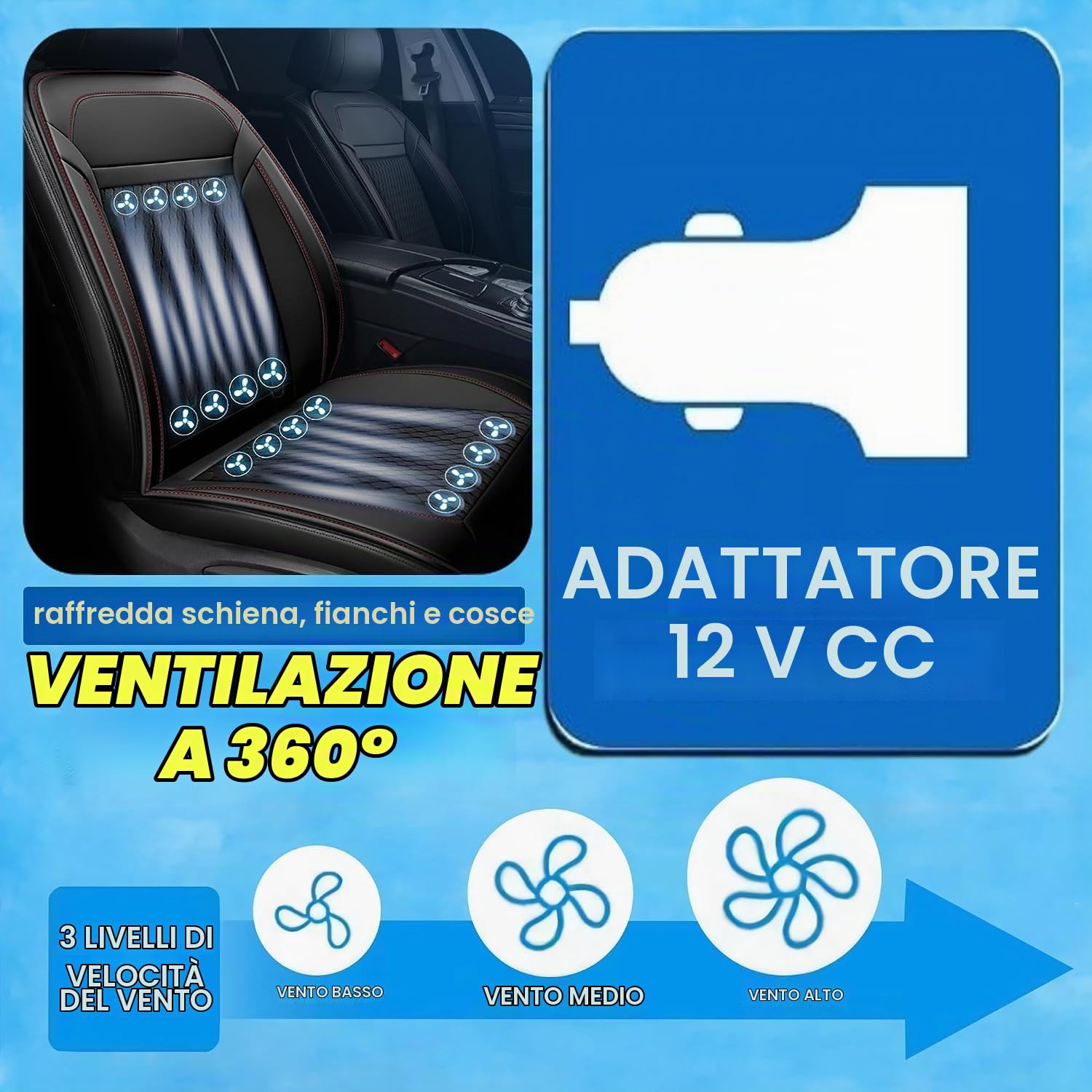 2026 Copertina per sedile auto rinfrescante 3-in-1 con massaggio, cuscino ventilato, 12V, traspirante, con 16 ventole, per seggiolino anteriore estivo, nero, 1 pezzo