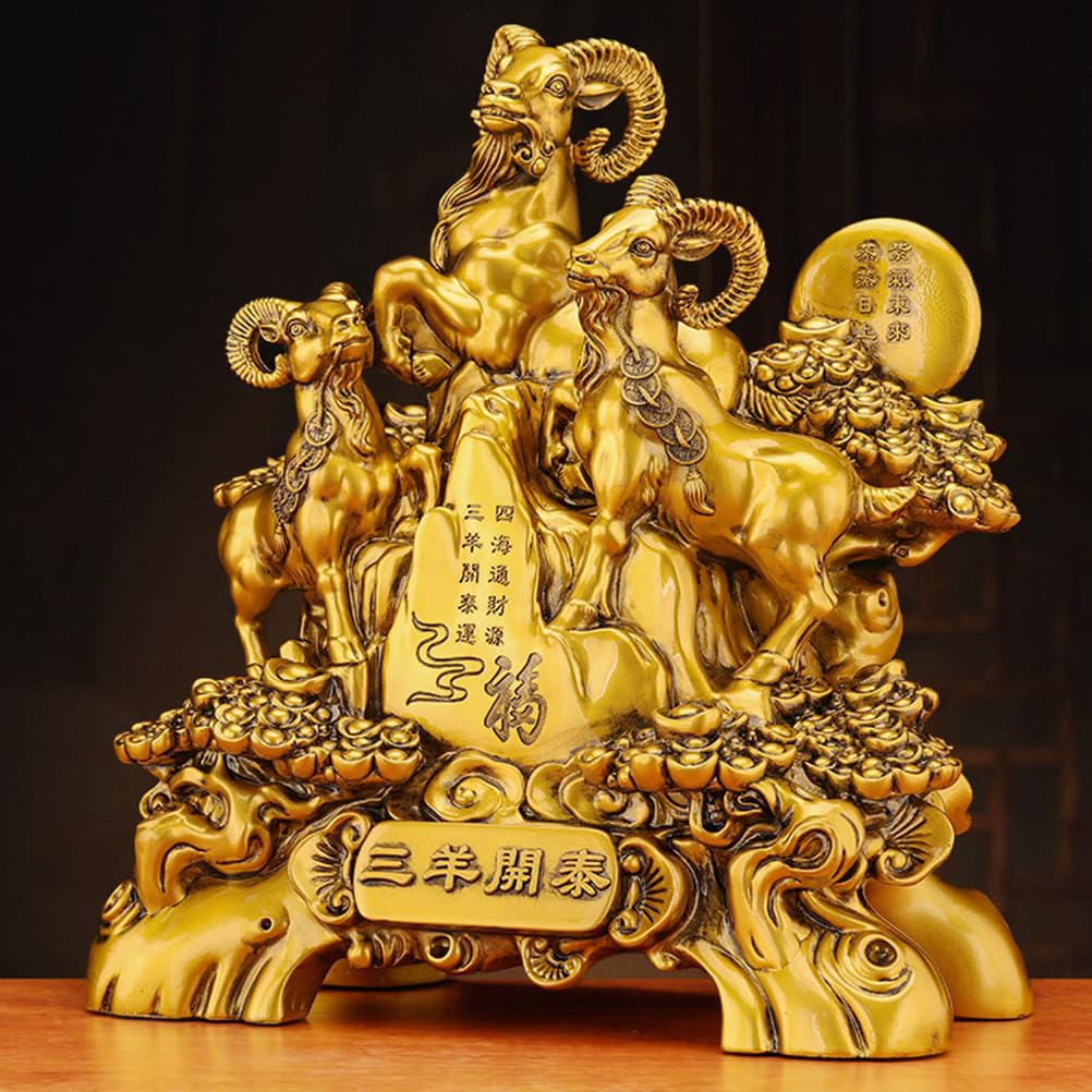 Figurka ze złotego mosiądzu Barany Feng Shui Statua zodiaku Kompaktowa ozdoba na biurko w domu Przynosząca szczęście, dobrobyt i pozytywną energię, aby przyciągnąć szczęście,Medium