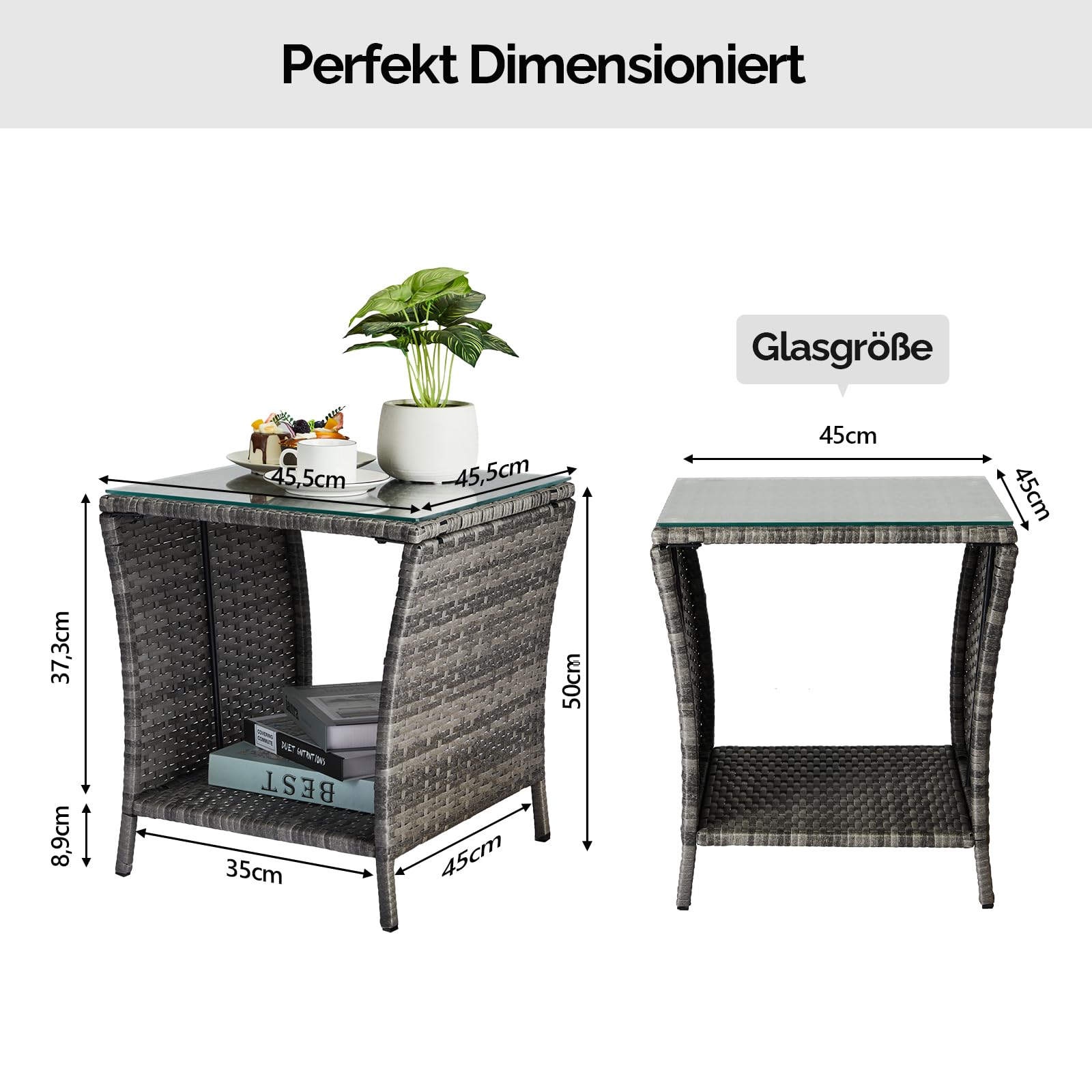 Bonnlo Rattan Beistelltisch mit Glasplatte, Balkonmöbel Grau, Gartenmöbel klein, Balkontisch Outdoor wetterfest, 46x46x50 cm