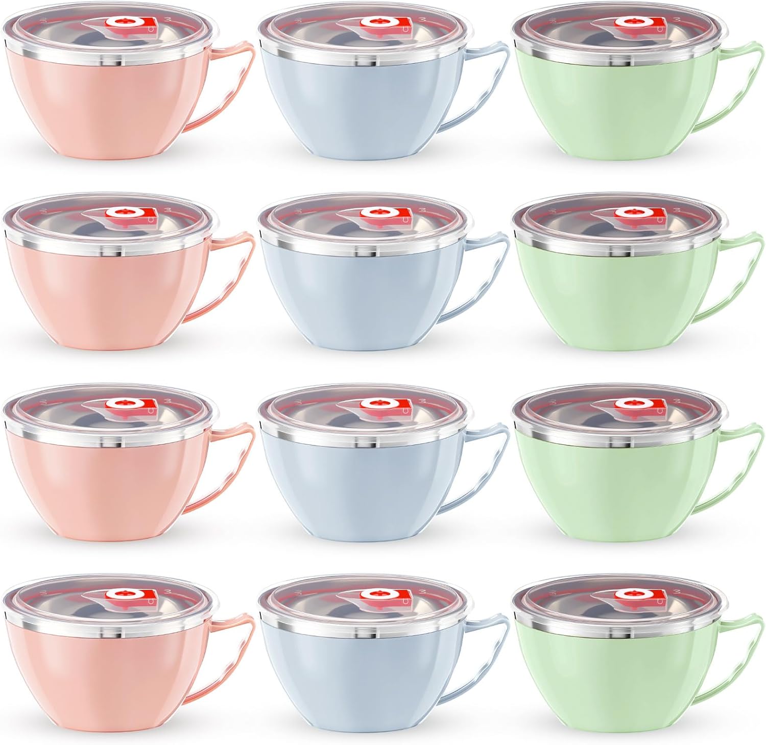 12 Pack 24oz Stainless Steel Bowl with Handle and Lid, Leak Proof Food Storage Container, Insulated Ramen Cooker, Soup Bowl, Lunch Box for Ramen Noodle Cereal, 3 Colors