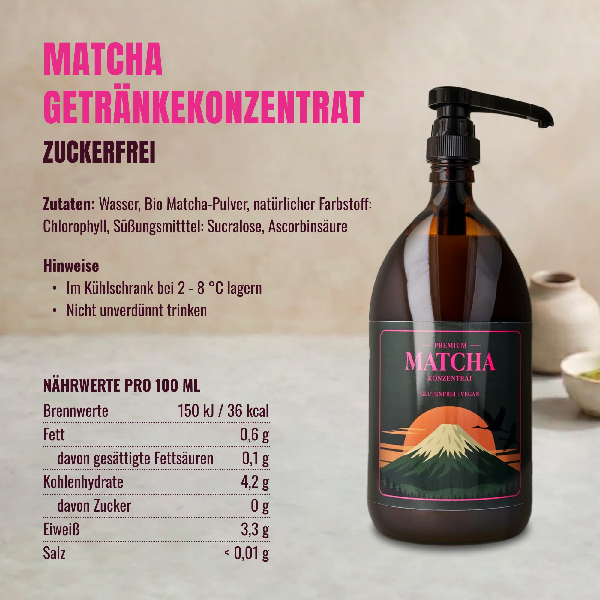Rowdy - Matcha Konzentrat 1L mit Dosierpumpe I Matcha Latte fertig in 10 Sekunden | ~80 Portionen | Für Matcha Latte, Iced Matcha & Smoothies | Vegan Grüntee Getränkekonzentrat I sofort trinkfertig